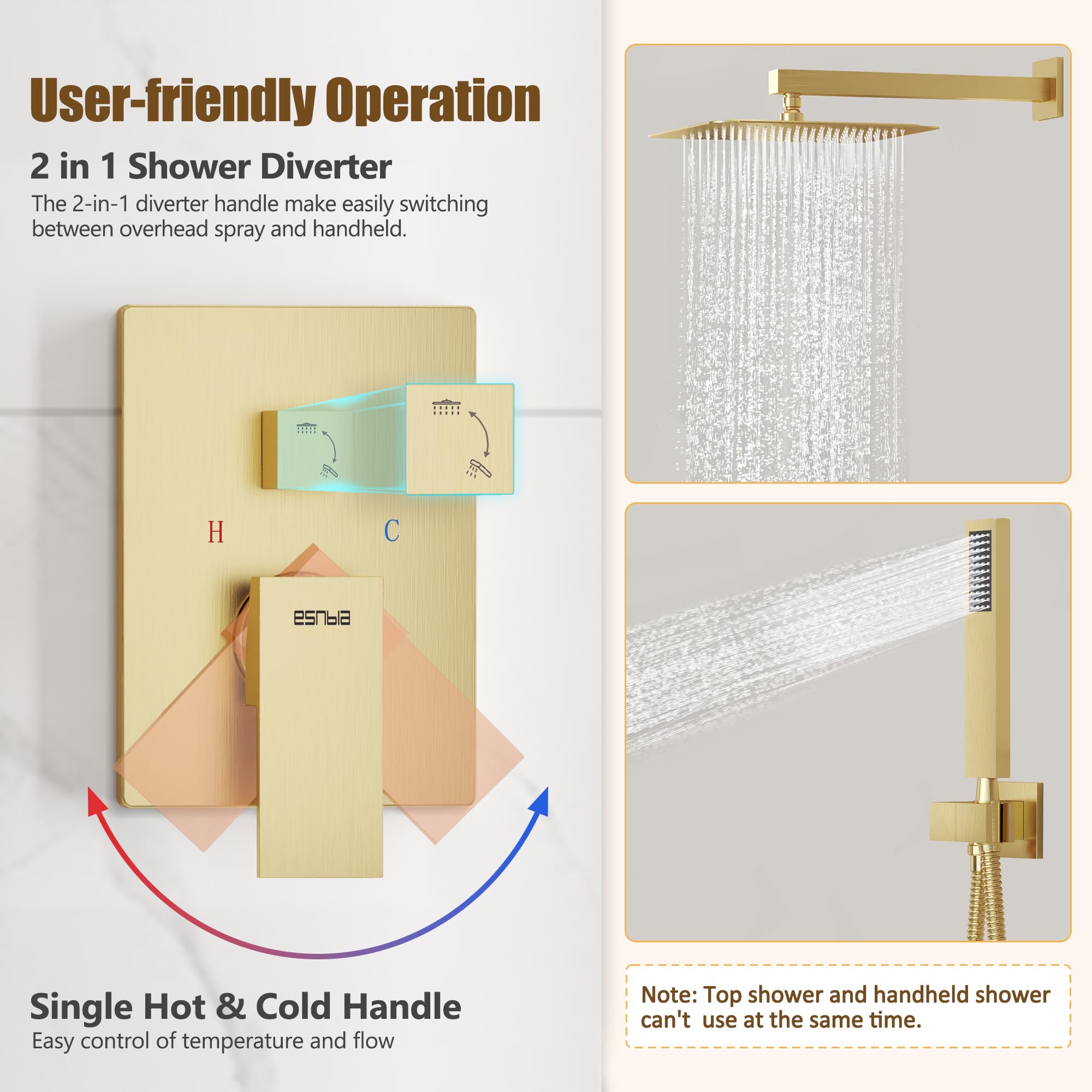 ESNBIA Brushed Gold Shower System - 10 Inch Rain Shower Head & Handheld Spray Combo, Wall Mounted Slide Bar Faucet with Mixer Valve, High Pressure Bathroom Fixture for Luxury Spa-Like Experience