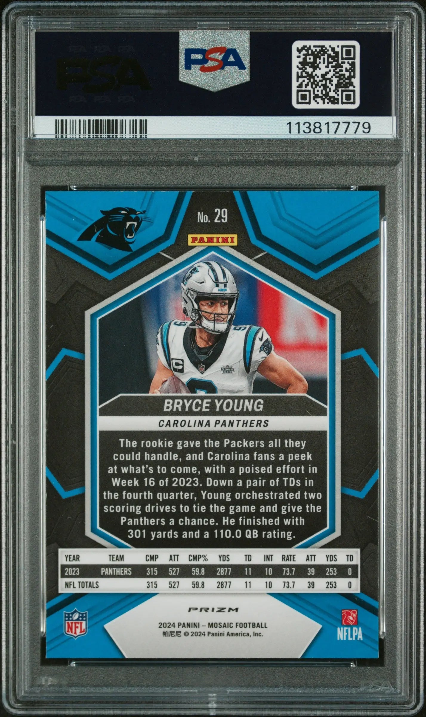 2024 Panini Mosaic Football Bryce Young Honeycomb PSA 10 Rookie Card - Collectible Trading Card for NFL Fans & Sports Memorabilia Enthusiasts - Perfect for Display, Investment, and Gifting