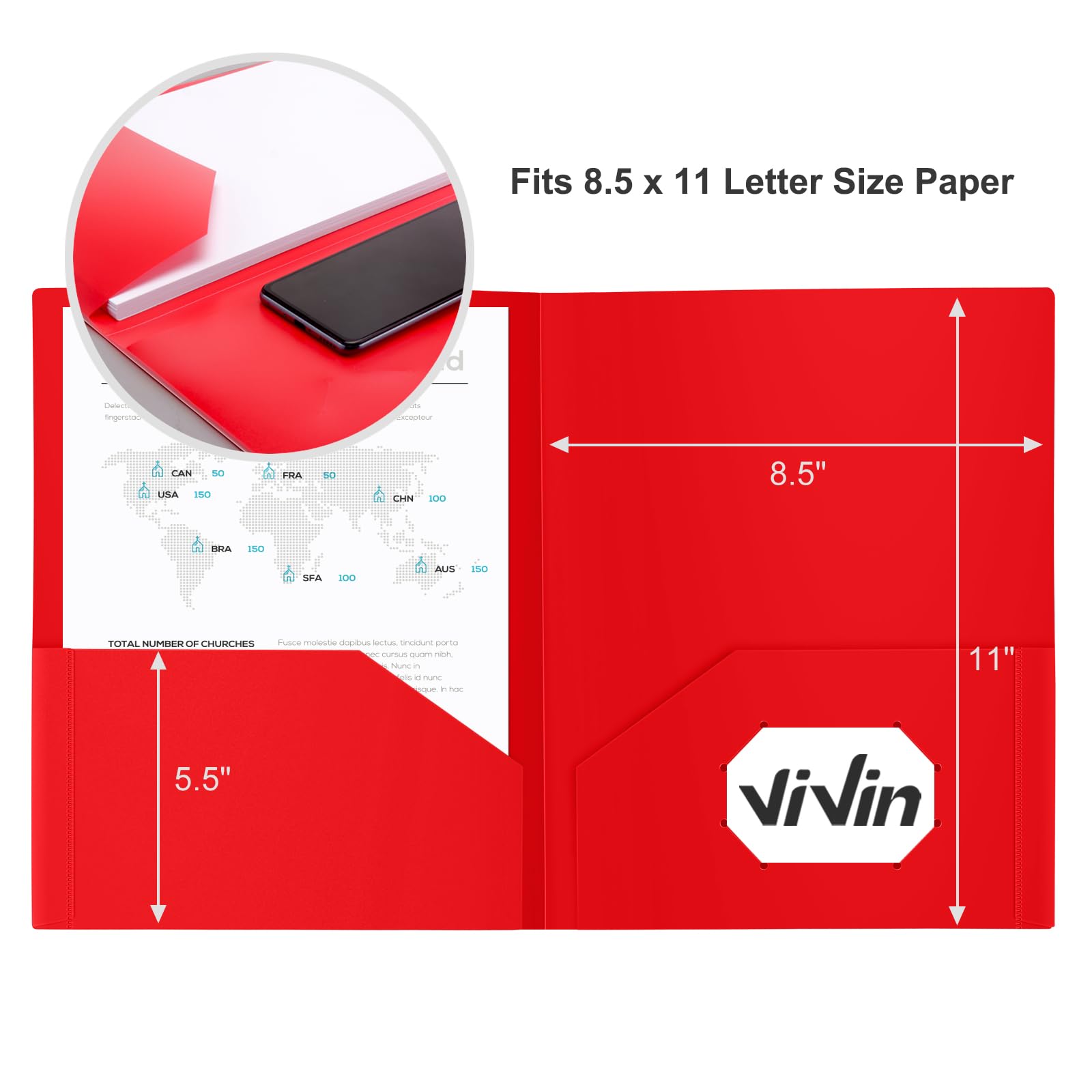 ViVin 12-Pack Sturdy Plastic Folders with Pockets - 2-Pocket Poly File Folders with Business Card Slot, Letter Size 9x12 Inch for School, Home & Office Organization - Perfect for Document Storage, Student Supplies and Office Filing (Red)