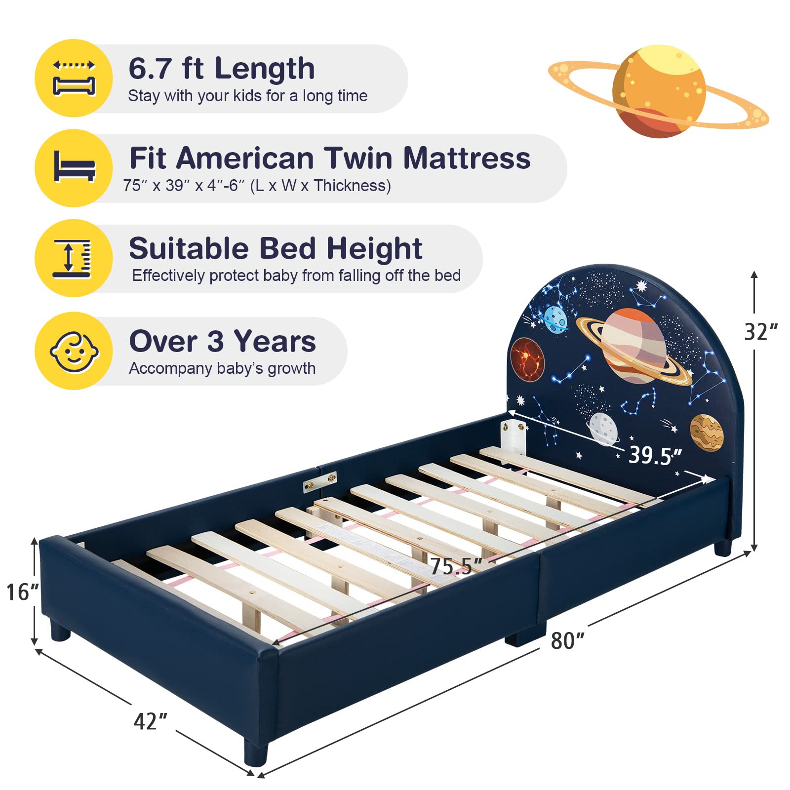 Honey Joy Twin Size Wooden Bed Frame for Kids with Headboard & Slat Support - No Box Spring Needed - Sturdy Toddler Bed for Boys & Girls - Fits Standard Twin Mattress - Perfect for Bedrooms, Playrooms & Guest Rooms