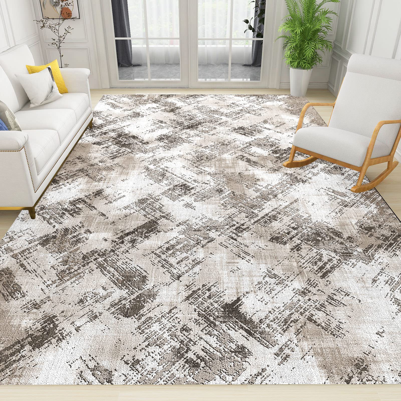 Abstract Art Area Rug - Contemporary Vintage Distressed Brush Strokes Print Large Floor Carpet - 5x8 Feet Non-Slip Rug for Living Room, Bedroom, Office & Dorm Decor - Soft Modern Bohemian Home Accent