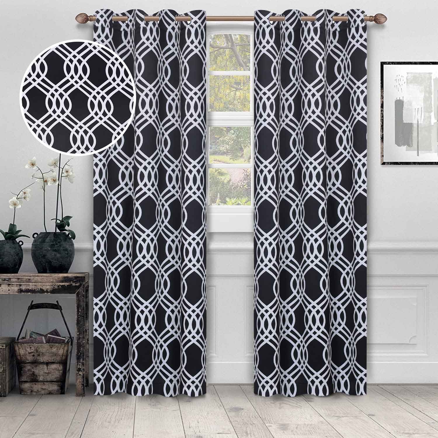Washable Blackout Curtains with Ribbon Trellis Design - Room Darkening Window Treatment for Bedroom & Living Room - Thermal Insulated Drapes for Better Sleep and Energy Efficiency