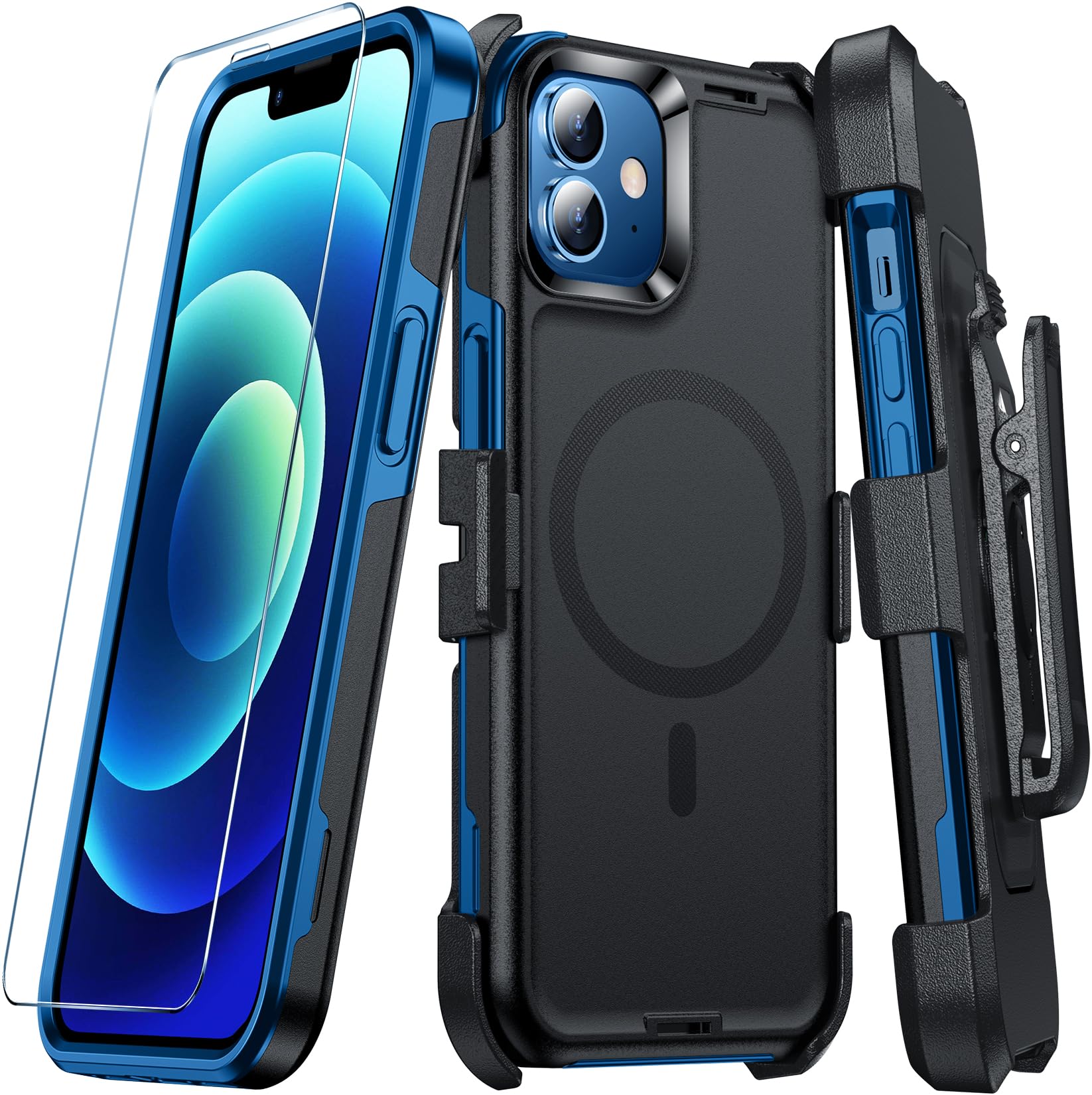 Temdan iPhone 12 Pro/12 Case with Belt Clip Holster & Kickstand - 2 Pack Heavy Duty Rugged Case with Military Grade Protection & Shockproof Design | Includes Tempered Glass Screen Protector | MagSafe Compatible | Perfect for Outdoor Activities, Construction Work & Extreme Sports - Black