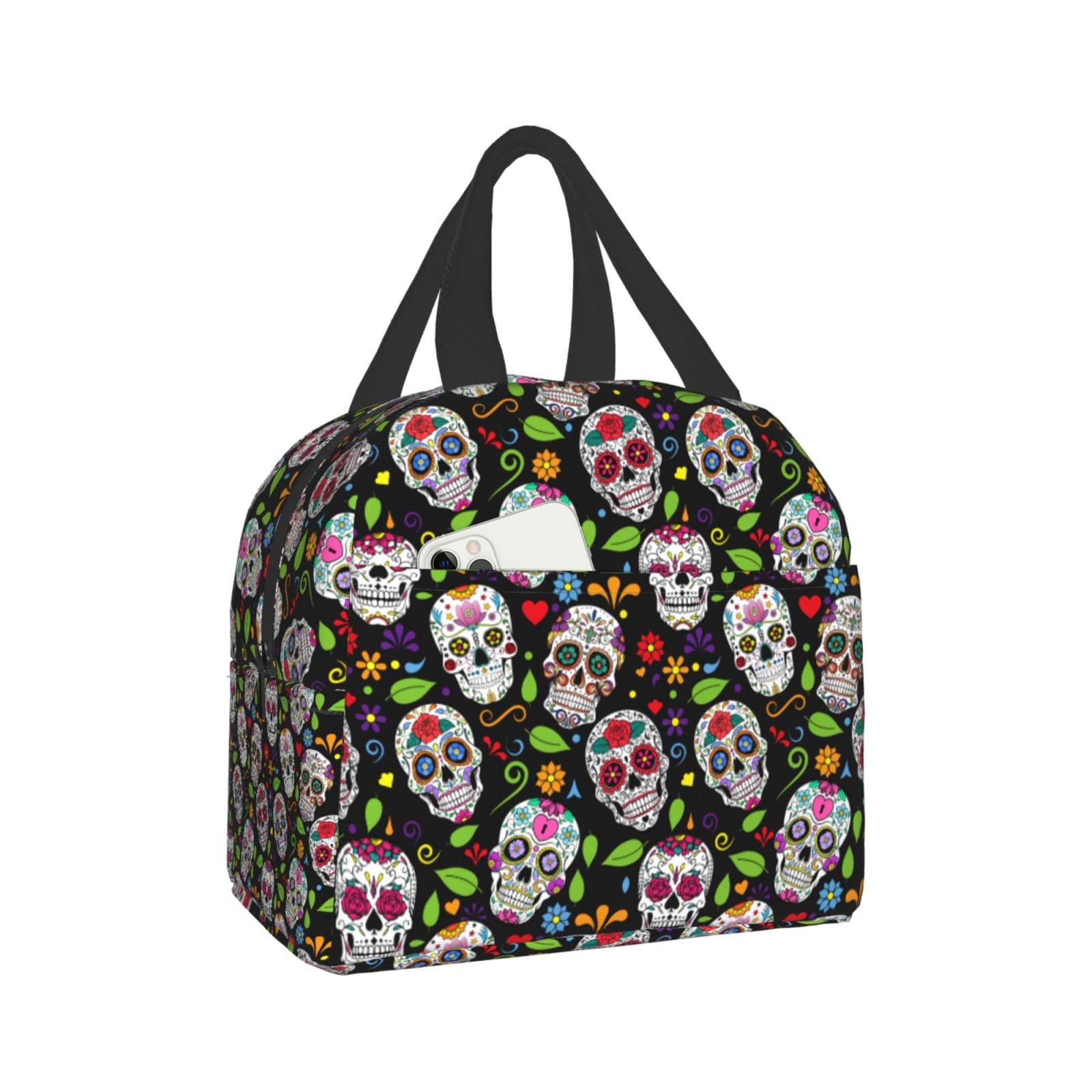 Insulated Reusable Lunch Bag for Women & Men - Washable Cooler Tote for Office, Work, Picnic & Beach | Sugar Skull Design