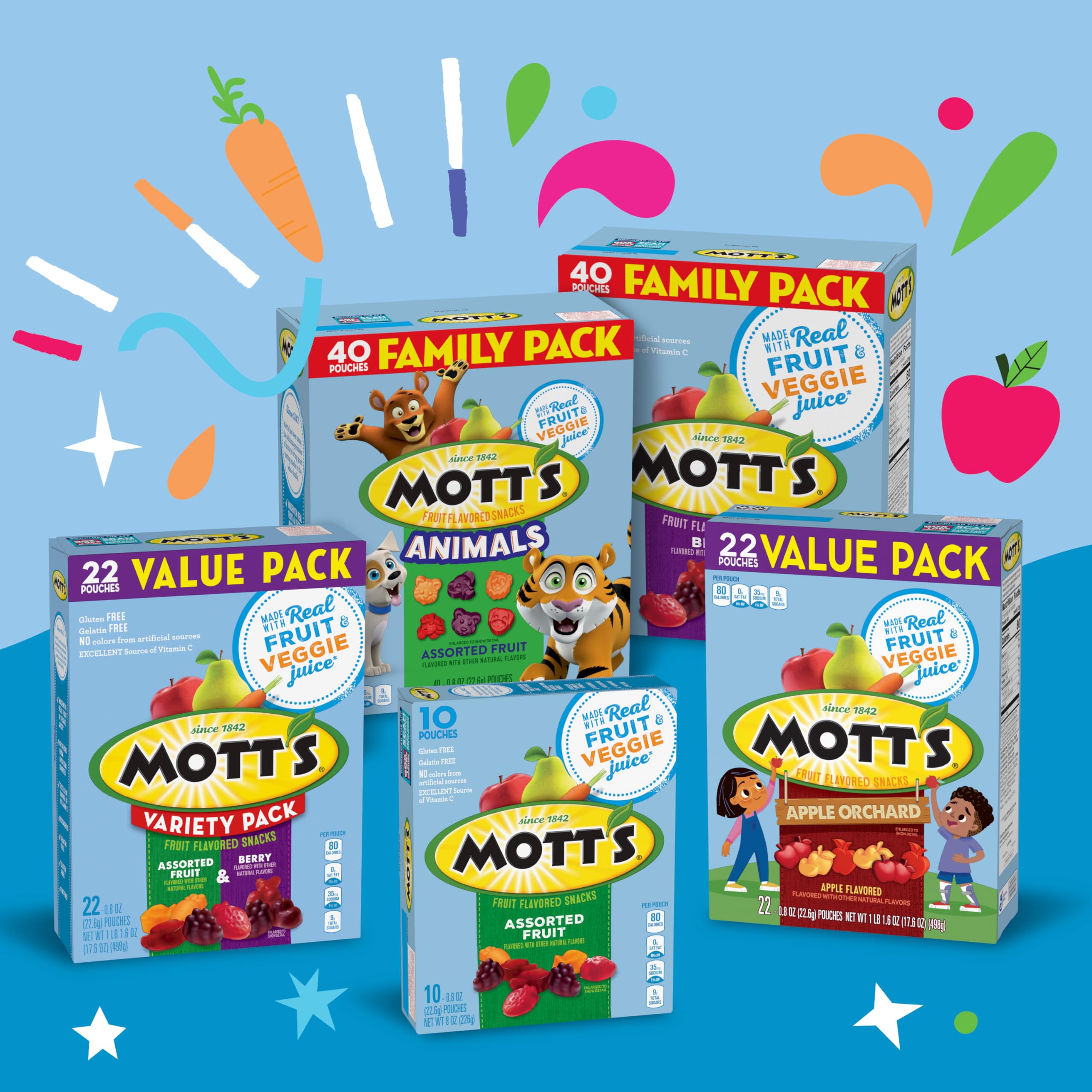 Mott's Assorted Fruit Flavored Snacks - Gluten Free, Family Pack (40 Count, 32 oz) - Perfect for Easter Basket Stuffers, Kids Lunch Box Treats & Healthy On-the-Go Snacks
