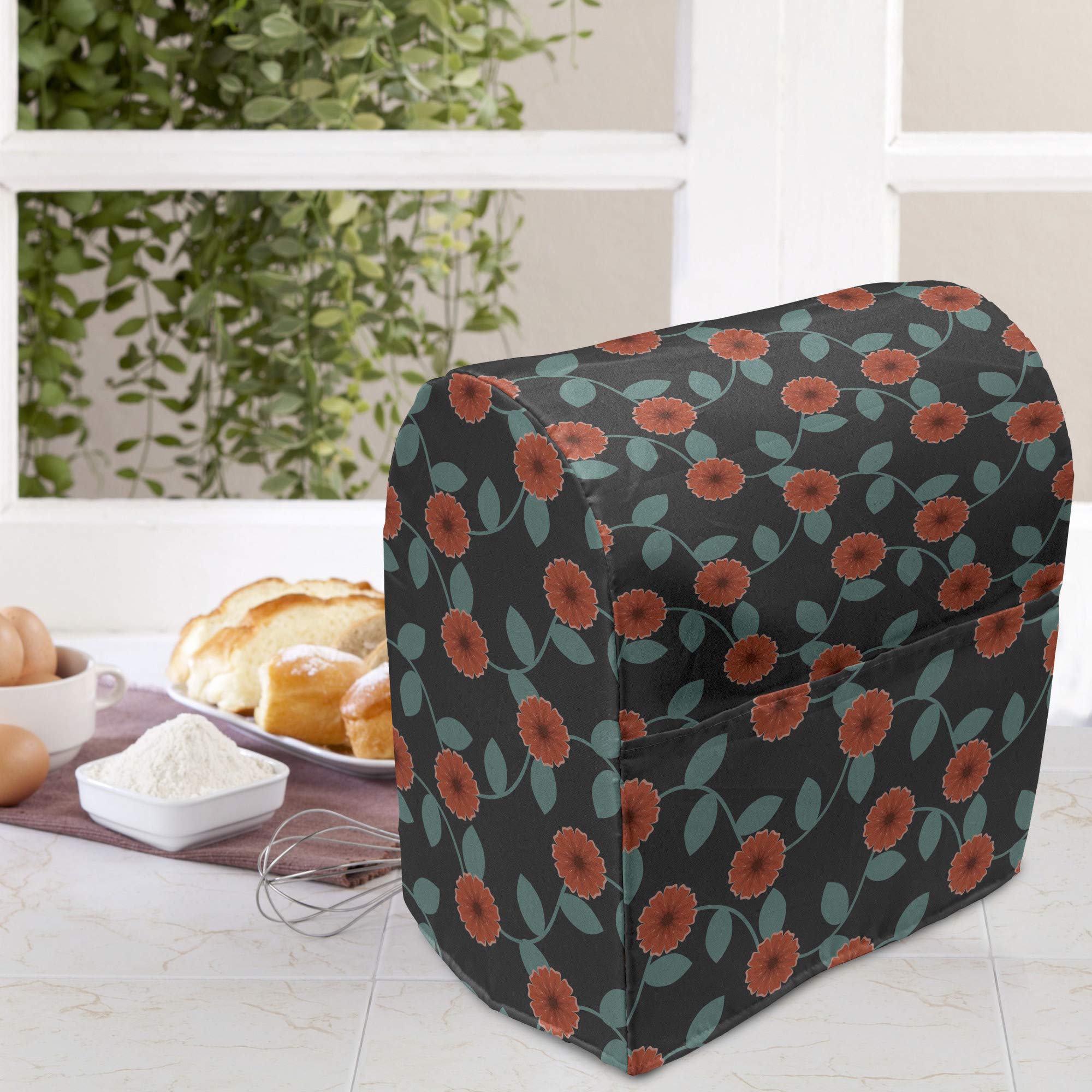 Ambesonne 6-8 Quart Stand Mixer Cover with Pocket - Dark Backdrop Leafy Stems Foliage Design, Charcoal Grey Vermilion Kitchen Appliance Organizer | Perfect for Baking Enthusiasts & Kitchen Organization
