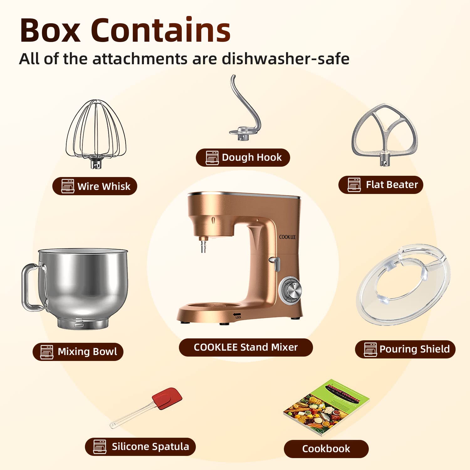 COOKLEE 9.5 Qt Stand Mixer - 660W Powerful 10-Speed Electric Kitchen Mixer with Dishwasher-Safe Attachments (Dough Hook, Flat Beater, Wire Whip & Pouring Shield) - Perfect for Baking, Whipping & Mixing - Ideal for Home Bakers & Cooking Enthusiasts - Champagne Color