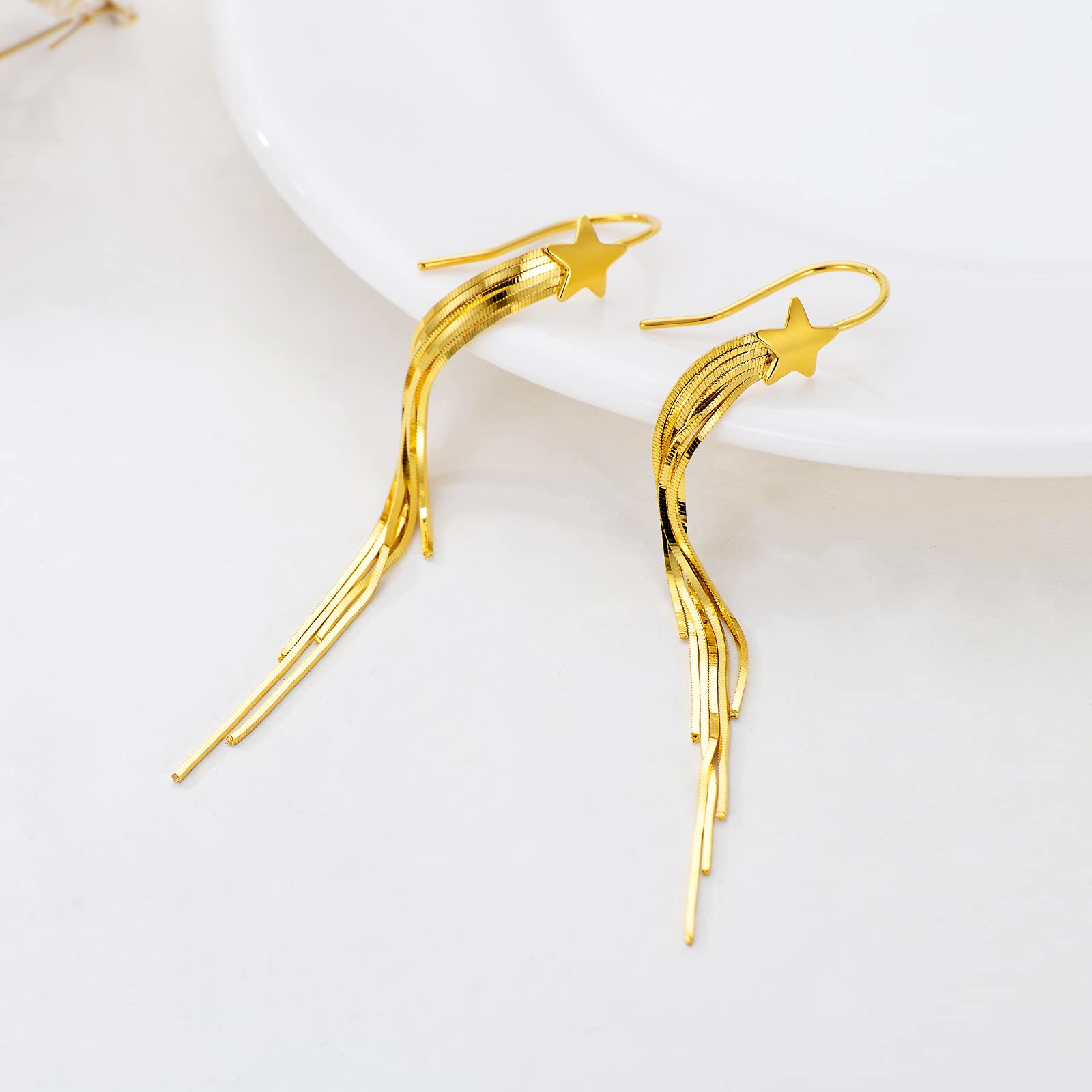 18K Gold Star & Four Leaf Clover Dangle Earrings for Women - Elegant Hook Drop Earrings - Perfect Gift for Her - Ideal for Parties, Weddings & Everyday Wear