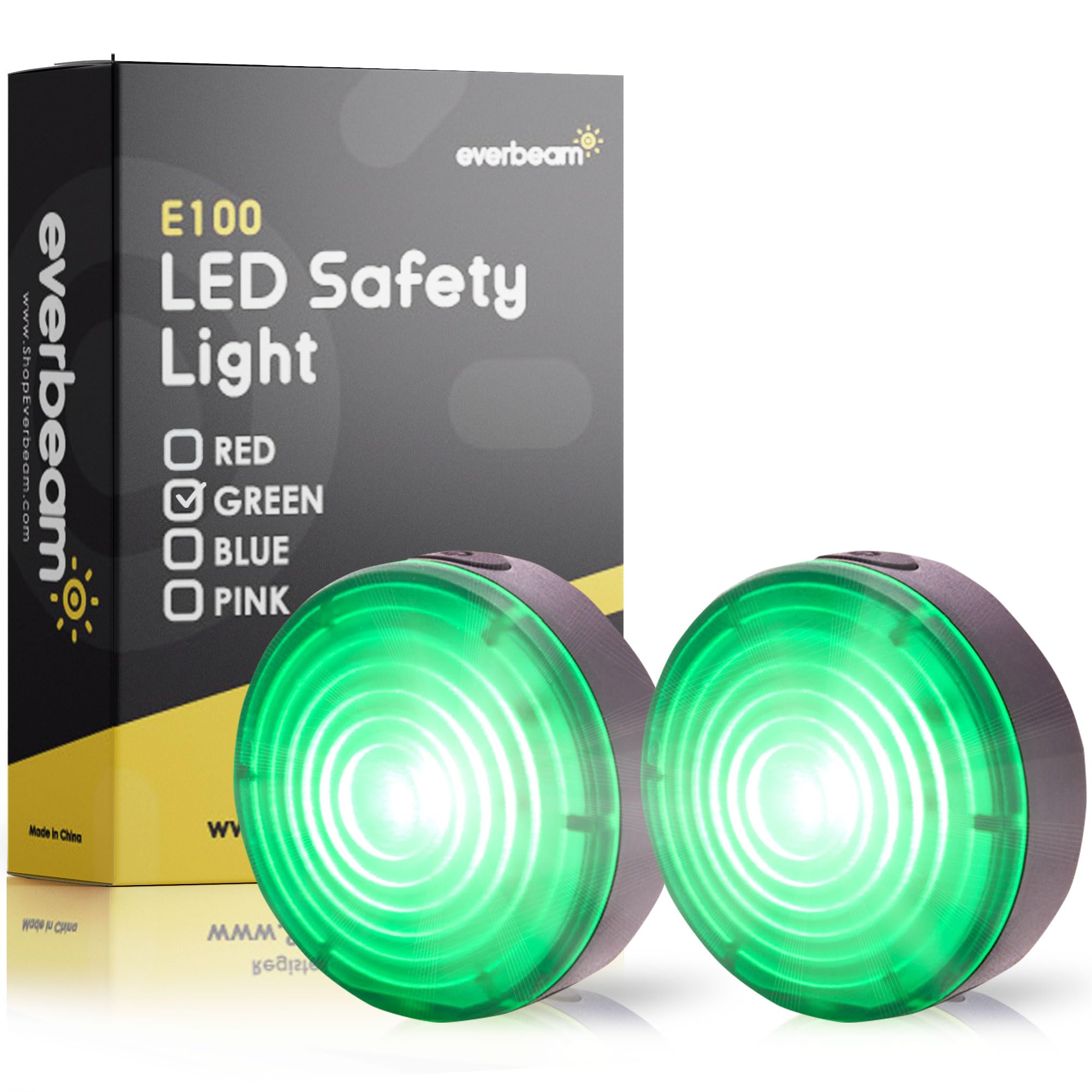 Everbeam E100 LED Safety Lights for Walking at Night - Waterproof, Bright Clip-On LED Light for Runners, Cycling, Dog Walking, Kayaking - Adjustable Straps, 2 Pack (Green) - Stay Visible During Night Jogging, Biking, and Outdoor Adventures