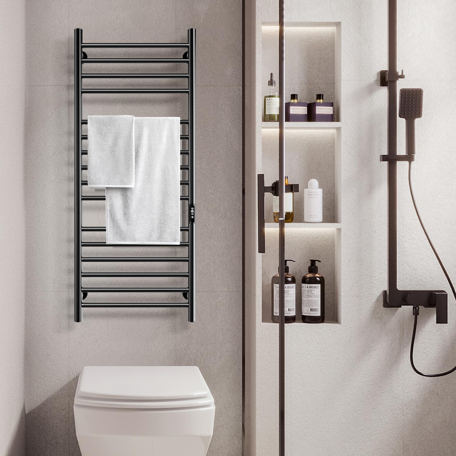 Premium 16-Bar Electric Towel Warmer & Heater Rack - Stainless Steel Wall-Mounted Bathroom Towel Dryer with Timer & Smart Temperature Control - Perfect for Spa, Luxury Bathrooms & Cold Weather Comfort (Black)
