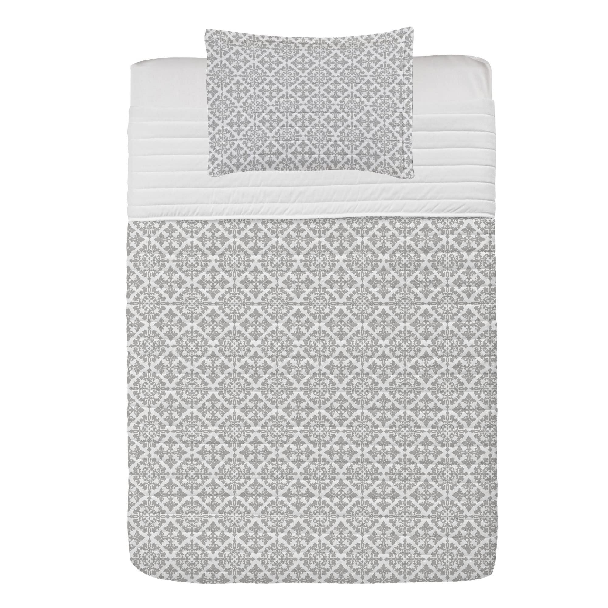 Ambesonne Grey Microfiber Bedspread Set - Antique Victorian Floral Retro Pattern Comforter with Pillow Sham, Twin Size Grey & White | Soft Bedding for Vintage Bedroom Decor, Guest Room & Cozy Home