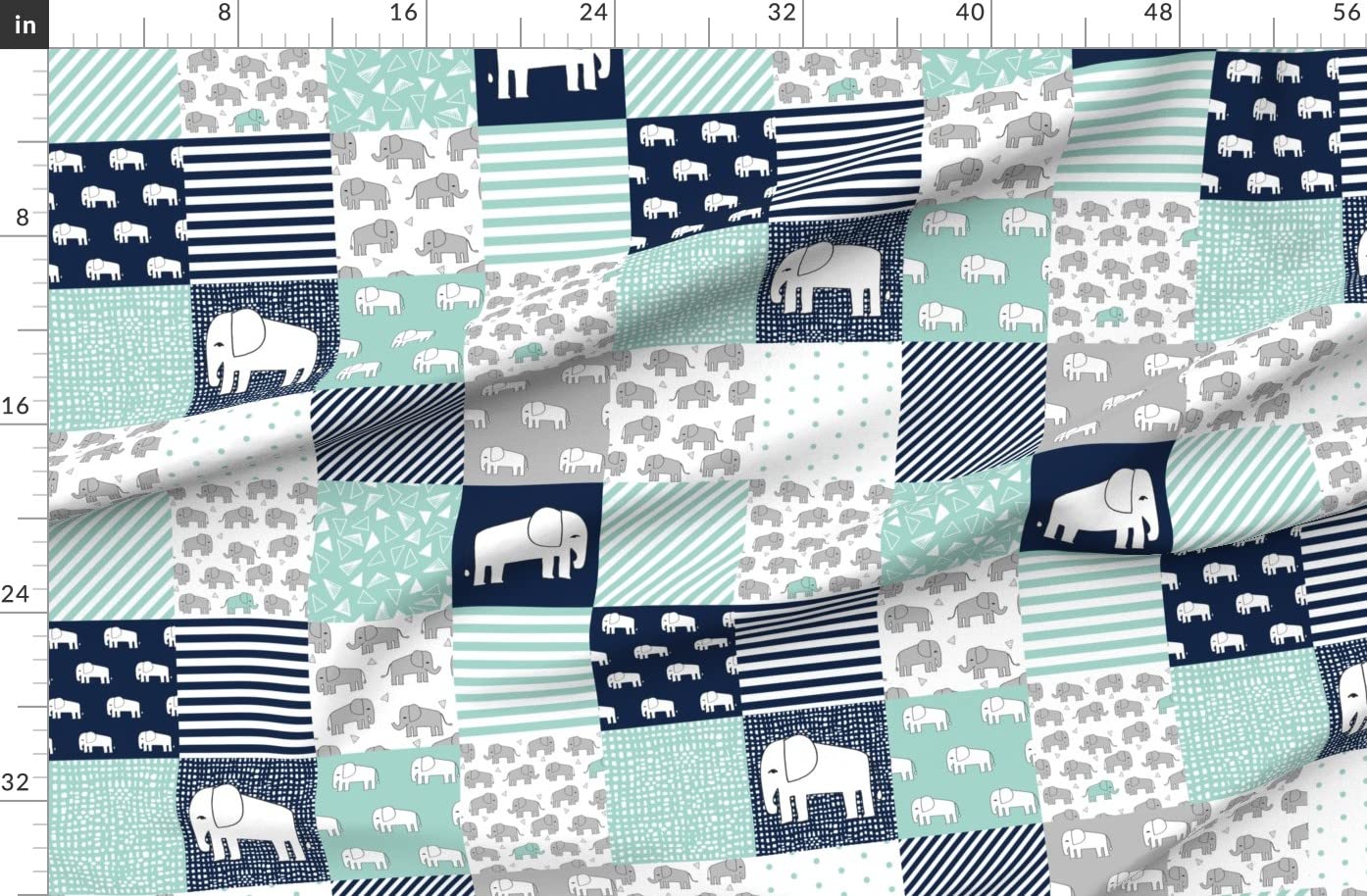 Elephant Nursery Fabric by Spoonflower - Organic Cotton Sateen Printed with Navy Mint Elephant Design for Quilting, Sewing, Apparel & Home Decor | Perfect for Baby Blankets, Curtains & DIY Craft Projects