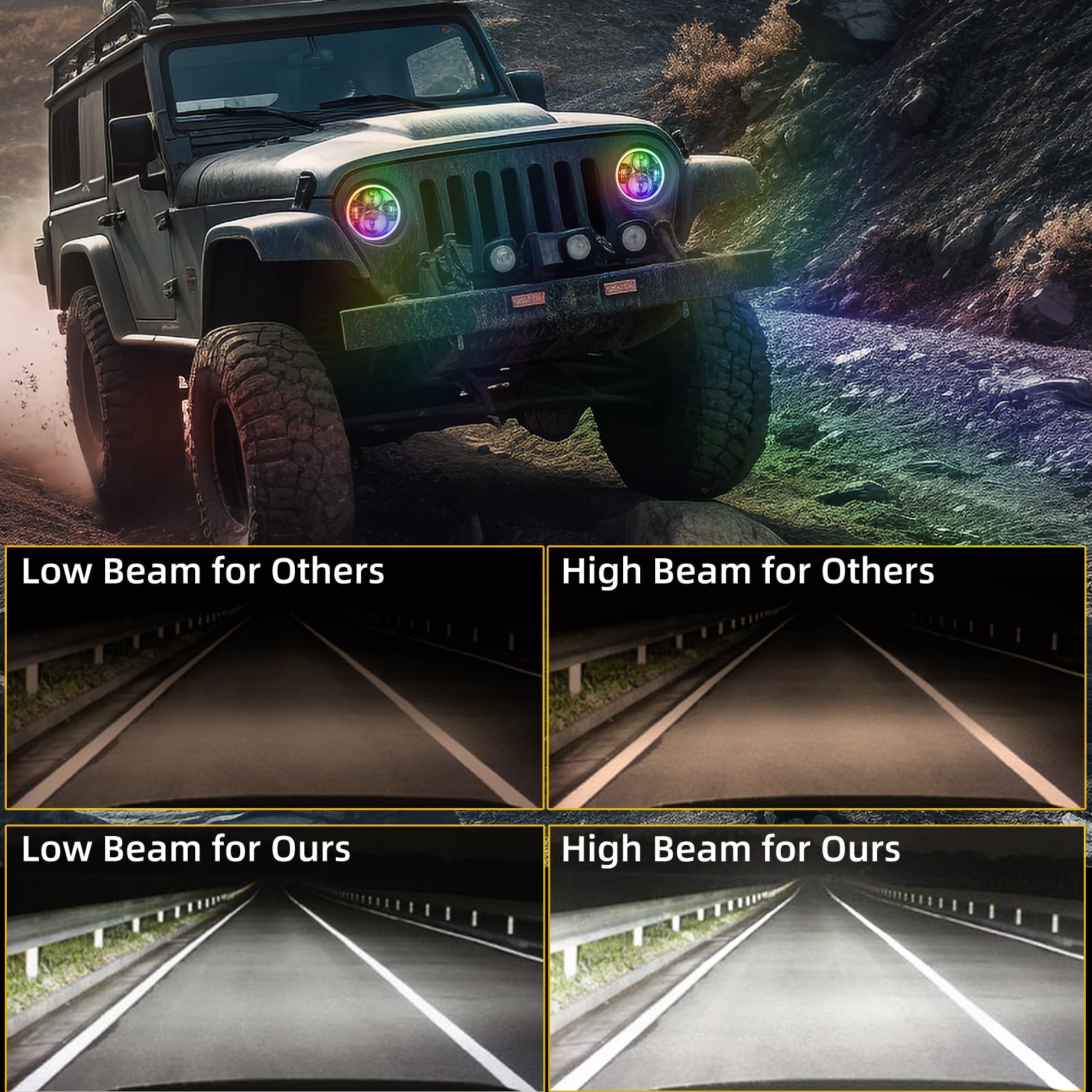 YEEGO DIRECT 7 Inch LED Headlight with RGB Halo & 4 Inch RGB Fog Lights for Jeep Wrangler 1997-2018 (JKU, JK, TJ, LJ) - DOT Approved, Bluetooth APP Control, Custom Colors - Off-Road, Night Driving, Car Customization