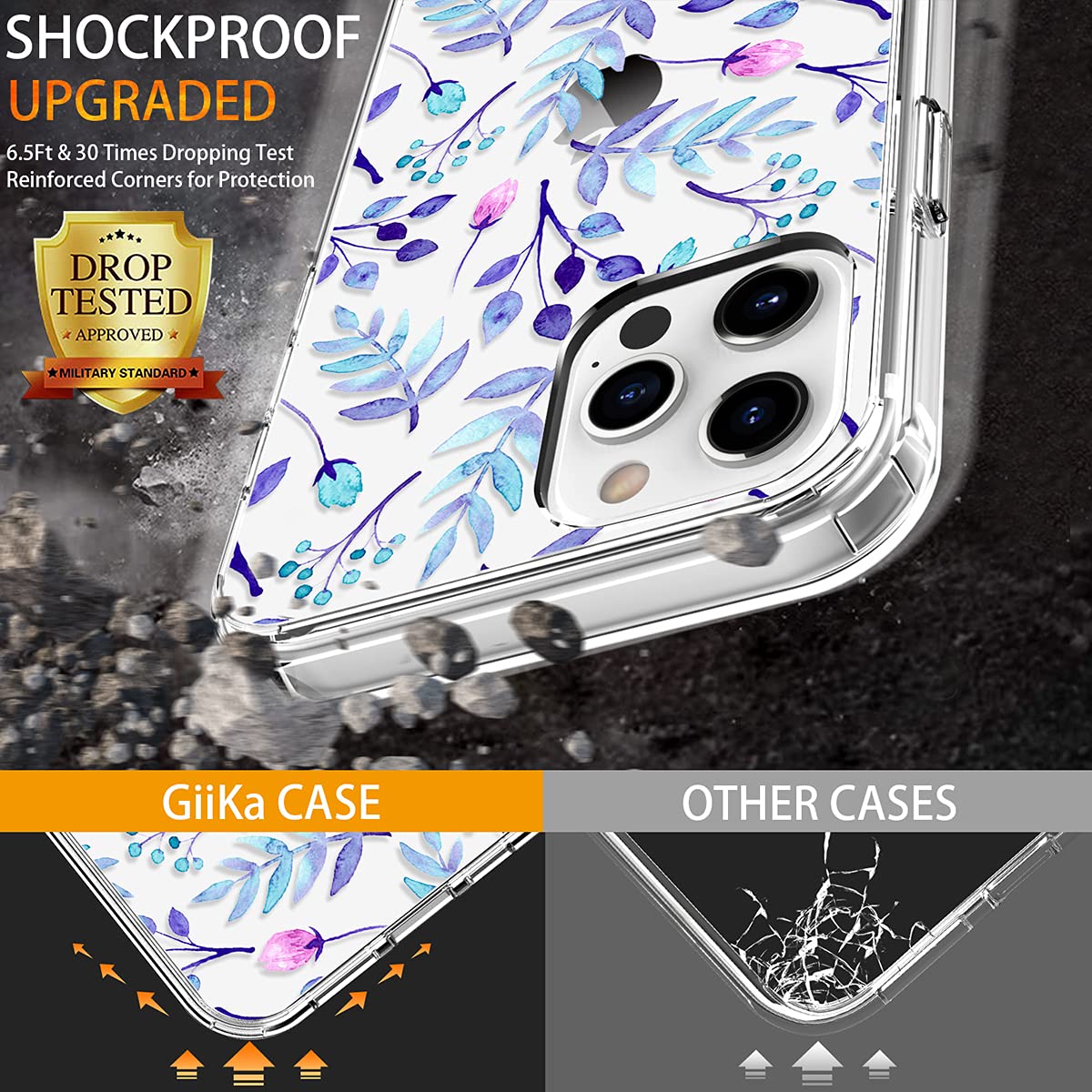 GiiKa Clear Shockproof iPhone 12 Pro Max Case with Screen Protector | Full Body Protection Hard Case with TPU Bumper | Floral Design for Women & Girls | Perfect for Everyday Use, Travel & Outdoor Activities