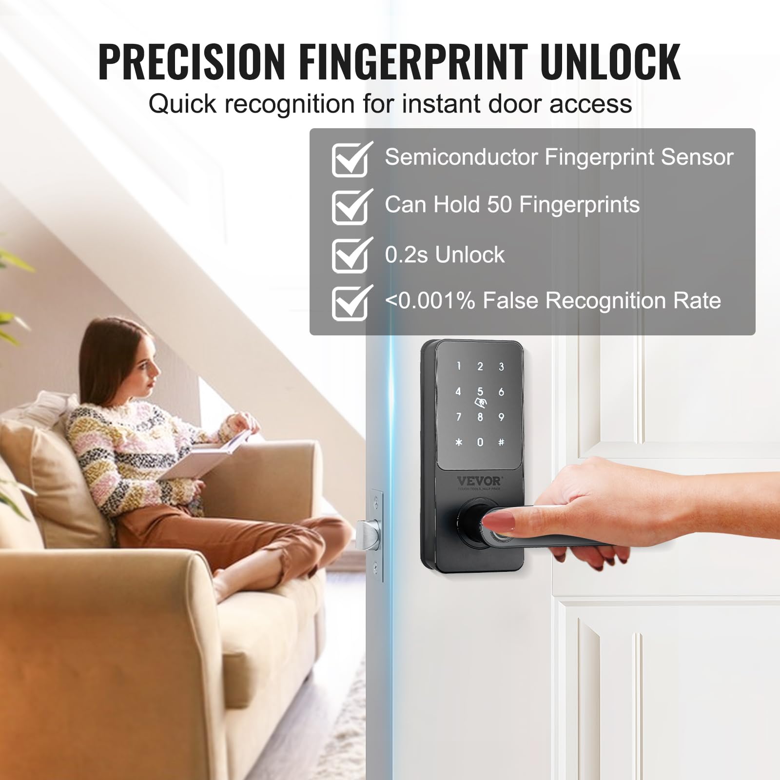 VEVOR 5-in-1 Smart Door Lock - Fingerprint, Keypad, Bluetooth & App Control Keyless Entry Deadbolt - Biometric Digital Door Handle for Home Security (Ideal for Front Doors, Apartments & Smart Homes)