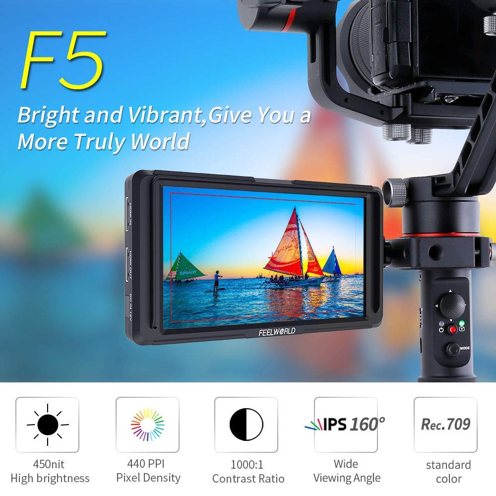 FEELWORLD F5 5 Inch Full HD 1920x1080 IPS DSLR Camera Field Monitor with 4K HDMI, Peaking Focus Assist, Battery & Charger - Perfect for On-Set Filmmaking, Video Production, and Photography