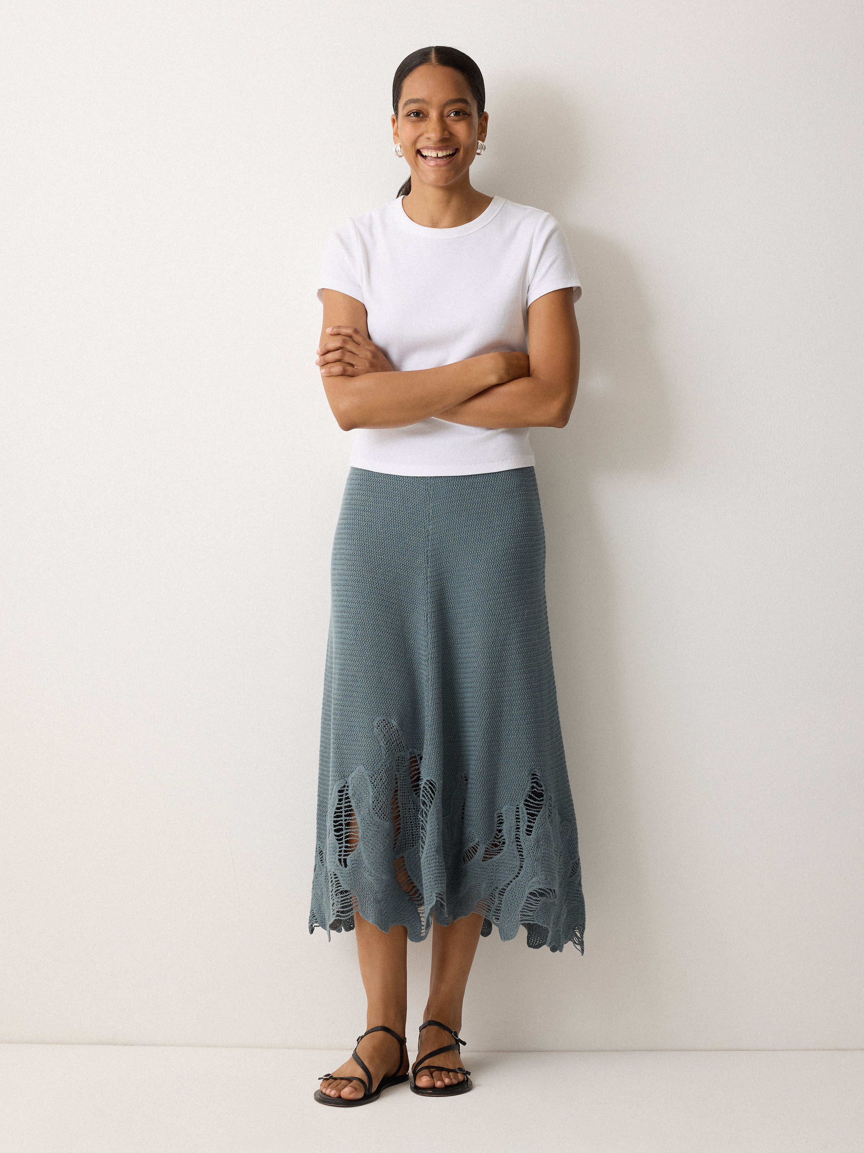 Elegant Abstract Lace Knitted Skirt for Women - Blue Floral Pattern Midi Skirt | Perfect for Casual Wear, Date Night & Summer Outfits