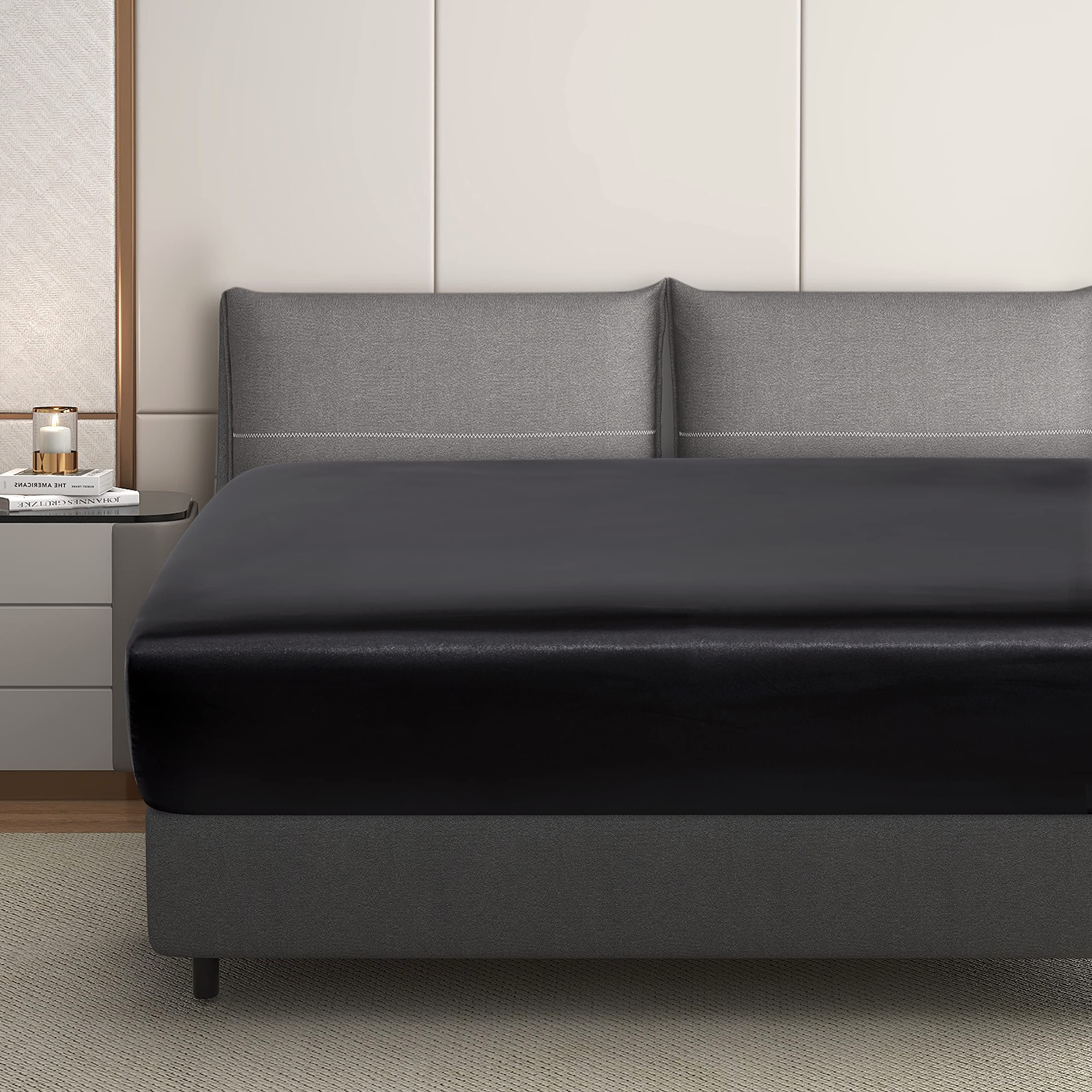 Silk Satin Black Twin Fitted Sheet - Deep Pocket 16