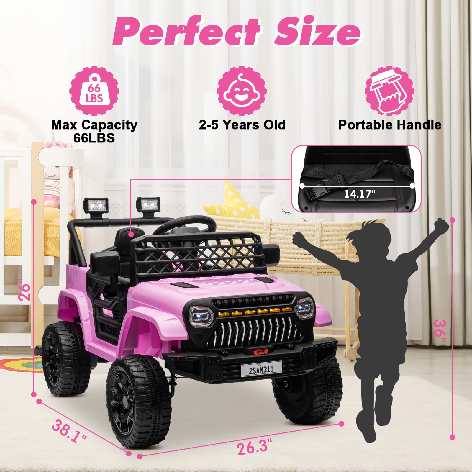12V Electric Ride On Truck for Kids - 4-Wheel Remote Control Car with Bluetooth Music, LED Lights & Spring Suspension - 3 Speed Adjustable Pink Toy Jeep for Boys & Girls - Perfect for Birthday Gifts, Outdoor Play & Backyard Adventures
