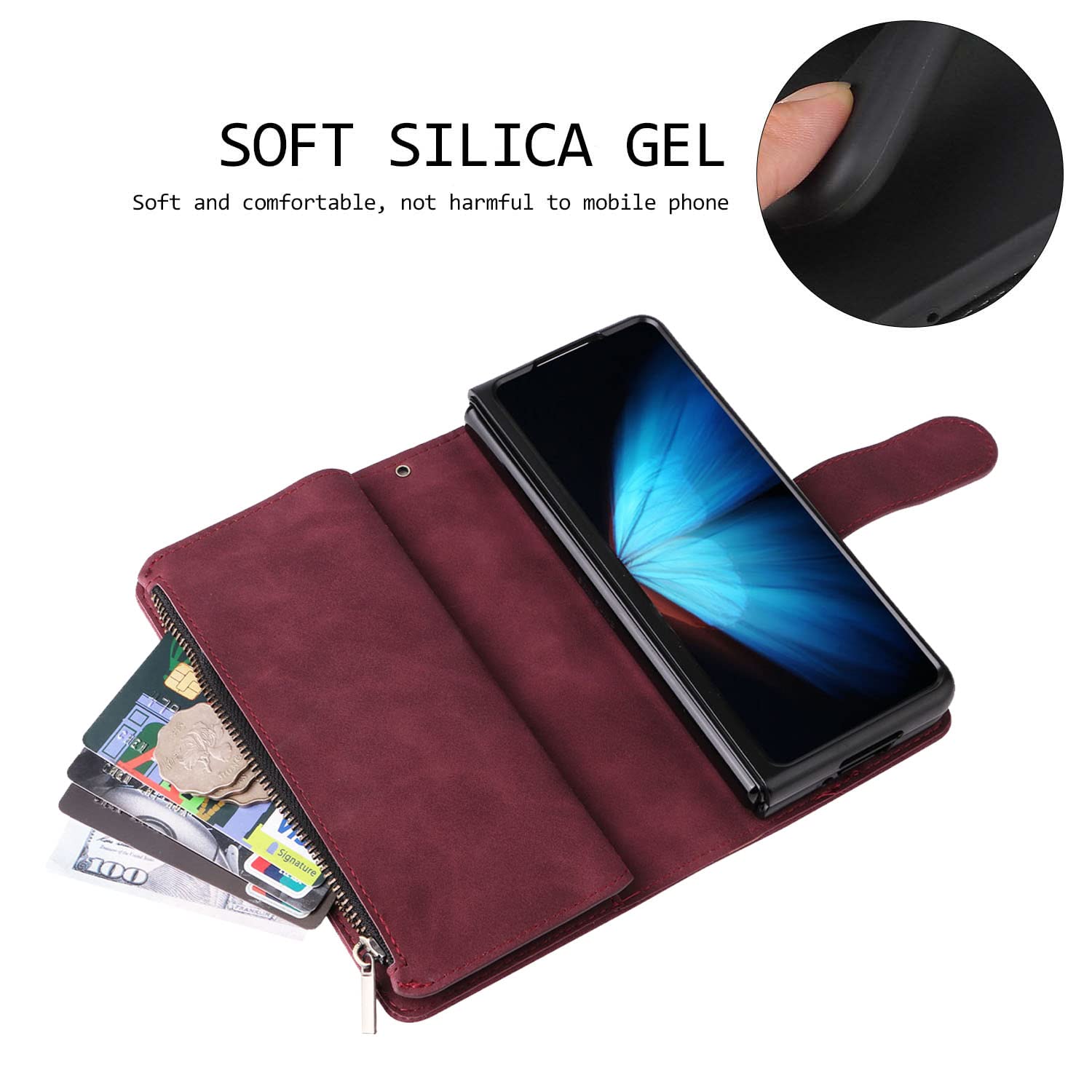 Samsung Galaxy Z Fold 4 Magnetic Leather Wallet Case with 6 Card Slots & Hand Strap - Shockproof Flip Cover with Zipper Pocket & Stand Feature for Z Fold 4 - Perfect for Business, Travel & Daily Use (Red)
