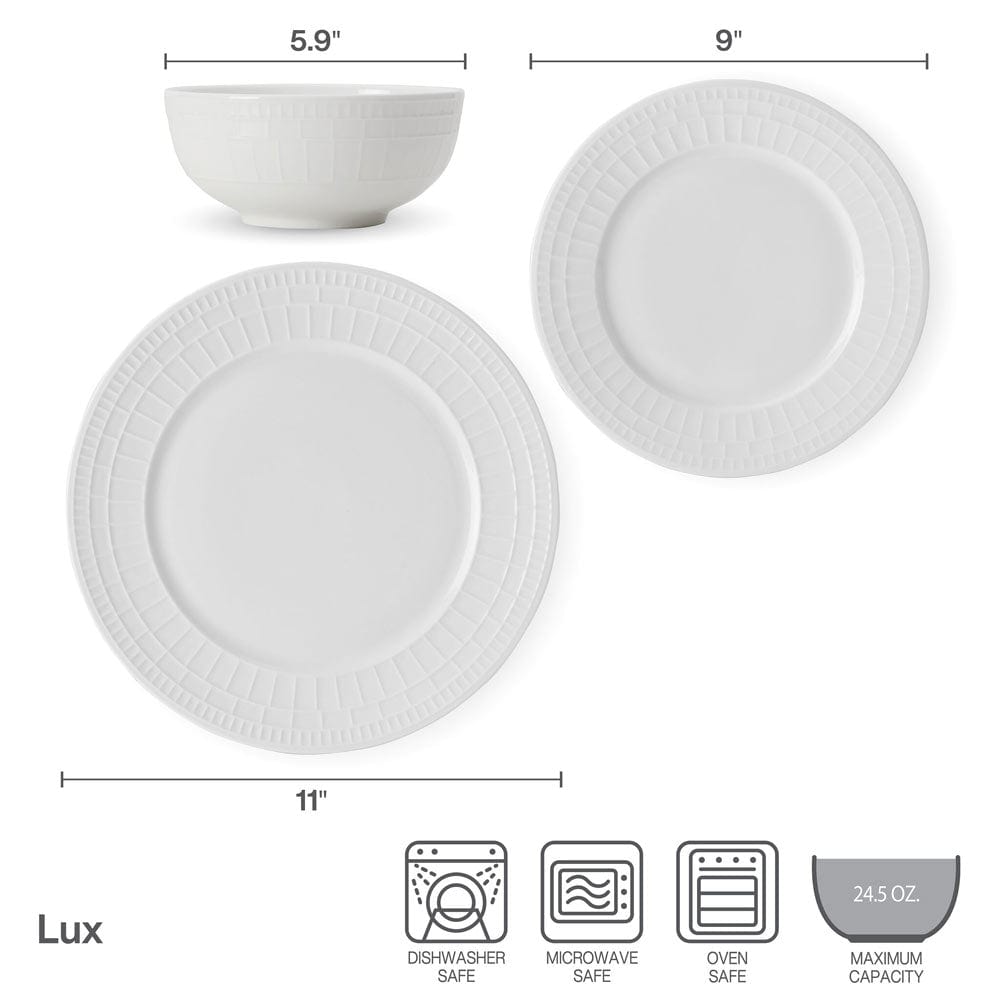 Lux 12-Piece Dinnerware Set - Porcelain Plates, Bowls & Mugs for 4 People - Elegant Tableware for Everyday Dining, Dinner Parties & Holiday Gatherings