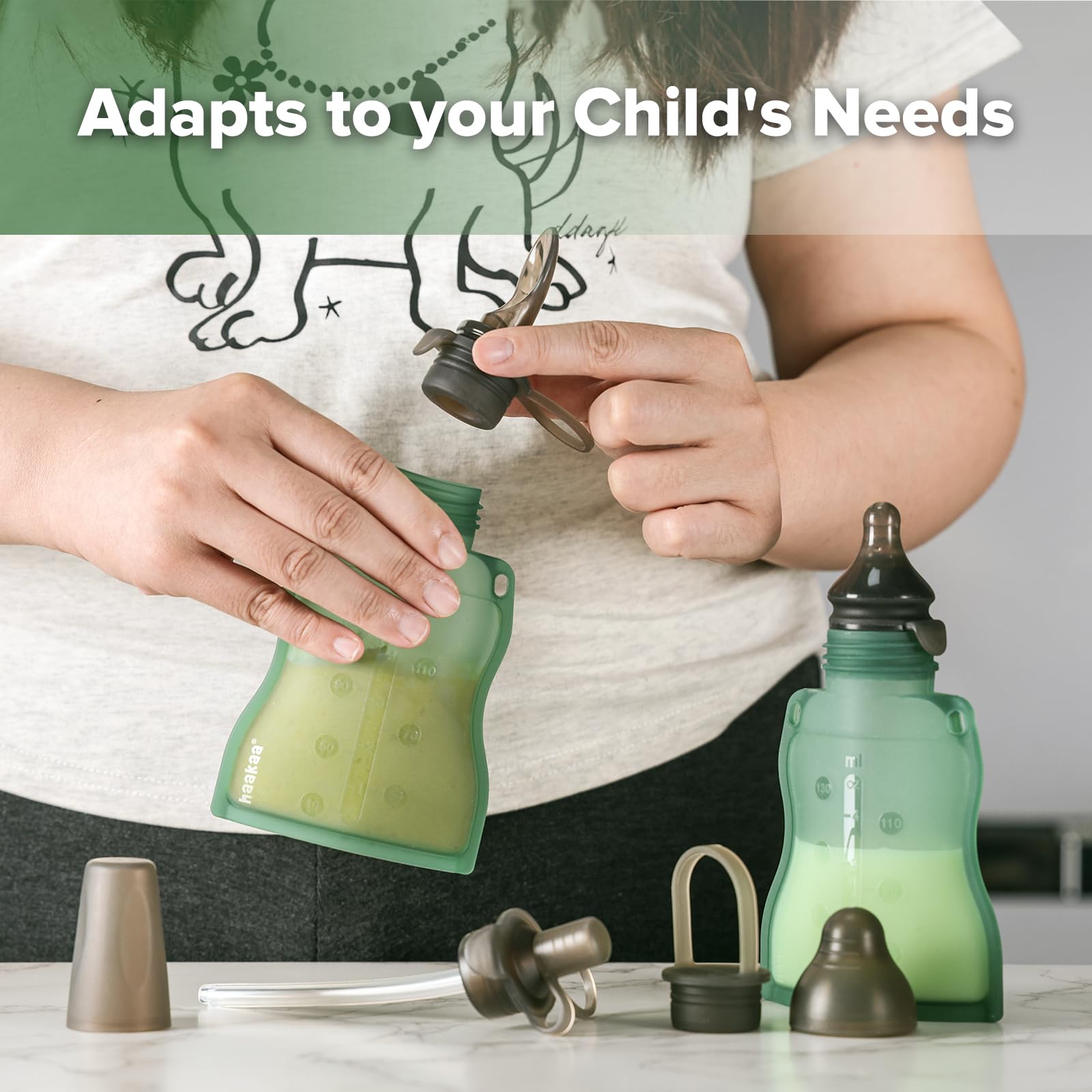 **Haakaa Reusable Silicone Baby Food Pouch – 4oz, 4 Pack (Pea Green) – Refillable Squeeze Pouch for Homemade Puree, Smoothies & Snacks – Perfect for Toddlers, On-the-Go Meals & Eco-Friendly Parenting**