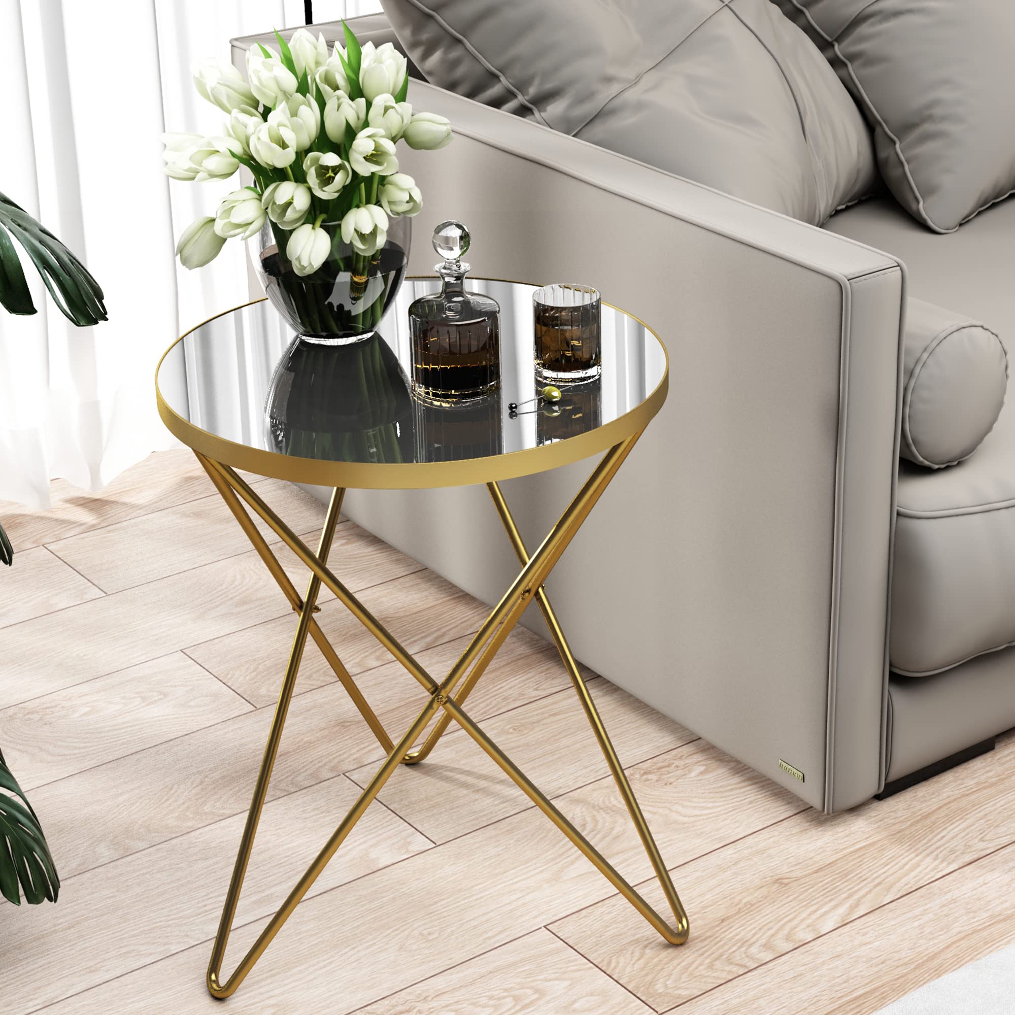 Modern Round Side Table with Marble Effect Top & Gold Metal Frame - Small End Table for Living Room, Bedroom, Sofa & Couch - Gold Legs & Mirror Top - Perfect for Coffee Table Decor, Lounge Furniture & Small Space Living