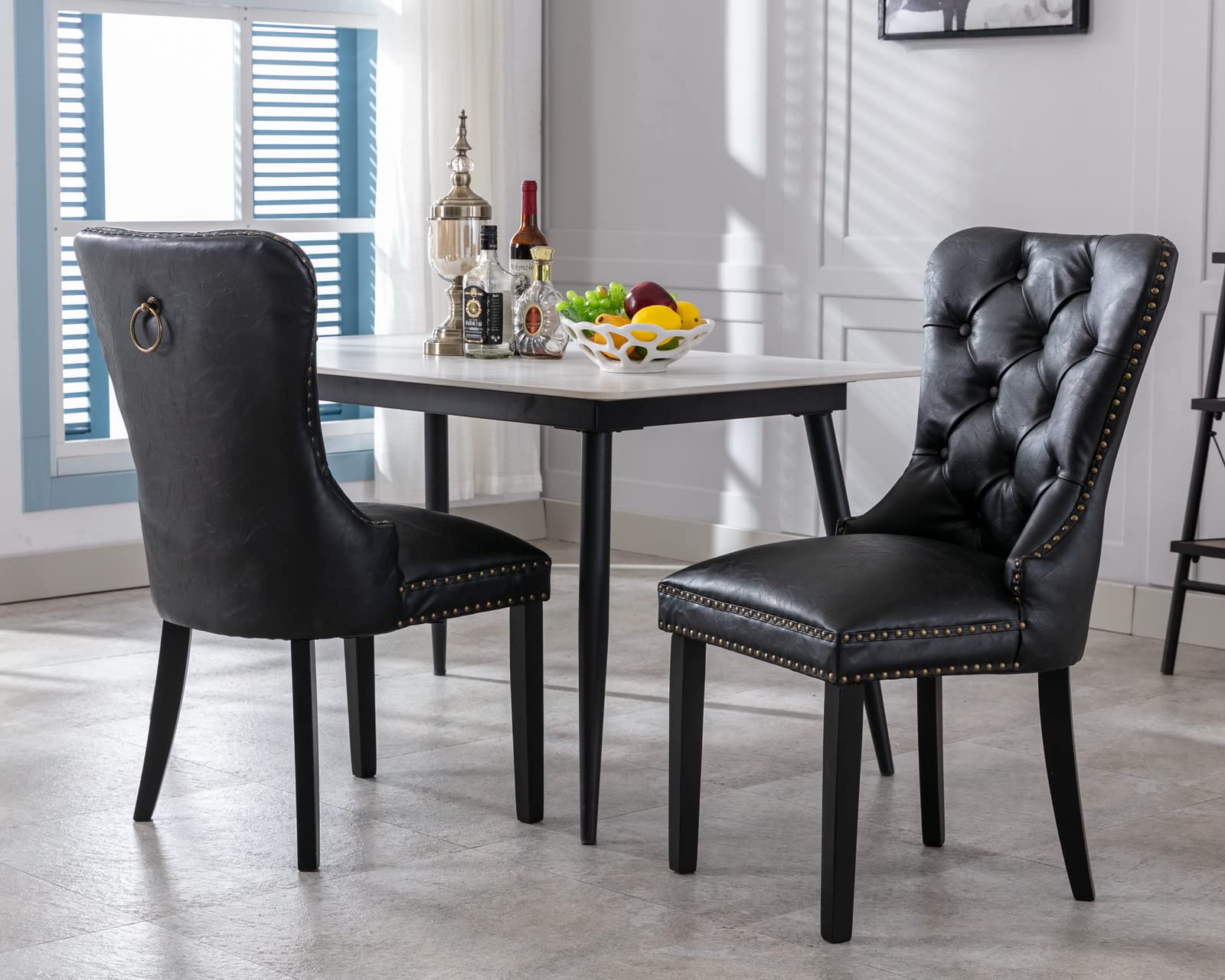 Modern PU Leather Black Dining Chairs Set of 2 - Tufted Upholstered Armless Side Chairs with Nailhead Trim & Solid Wood Frame for Kitchen, Dining Room, Bedroom - Perfect for Small Spaces & Home Decor (Ring on Back)