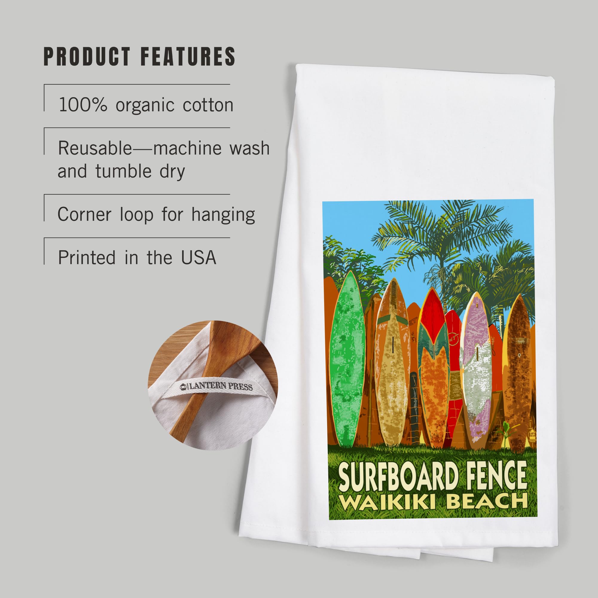 Lantern Press Waikiki Beach Hawaii Surfboard Fence Cotton Tea Towel - 100% Cotton Decorative Hand Towel for Kitchen, Bathroom & Home Decor | Perfect for Beach House, Coastal Decor & Hawaiian Theme Gifts