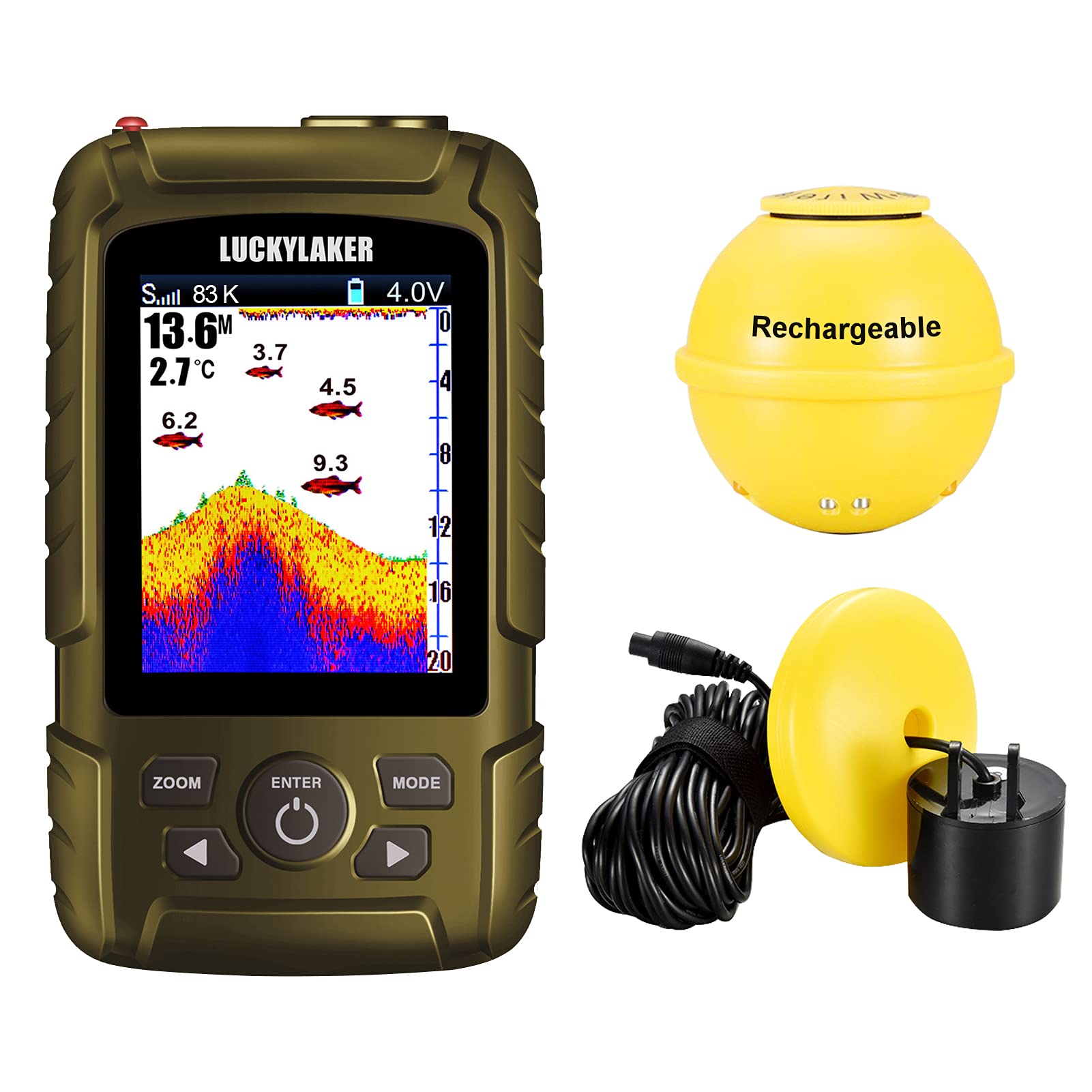 LUCKYLAKER Wireless Fish Finder with Sonar Transducer - Handheld Depth Finder for Kayak, Boat & Ice Fishing - Waterproof Display & Sensor - Perfect for Freshwater & Saltwater Fishing Adventures