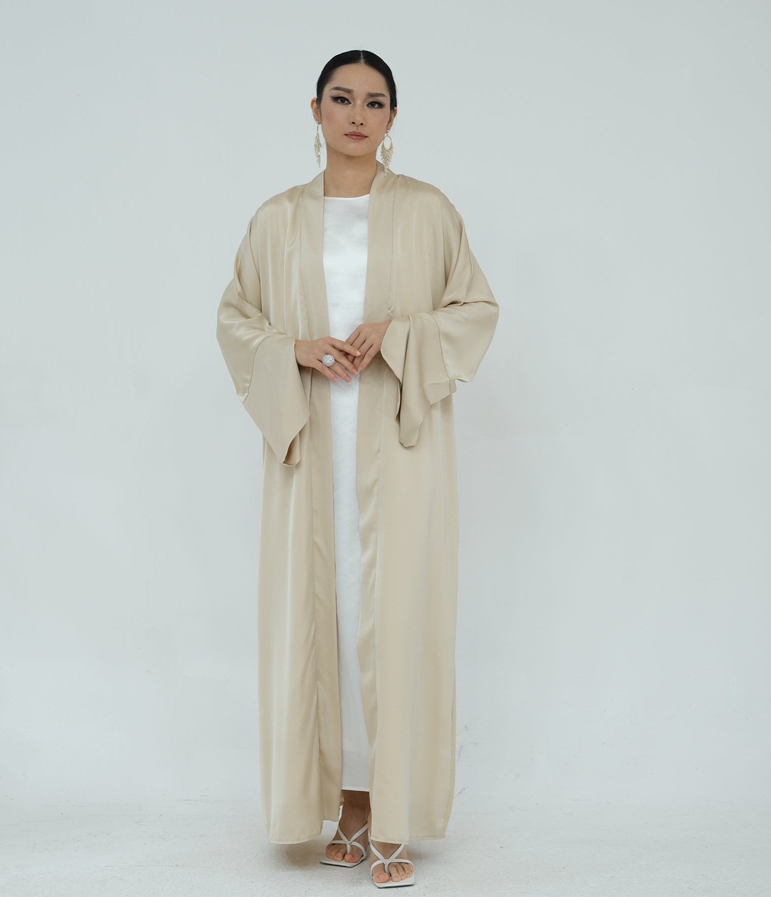 Lavinia Satin Open Abaya Beige - Elegant Muslim Prayer Dress for Women, Perfect for Mosque, Eid & Special Occasions