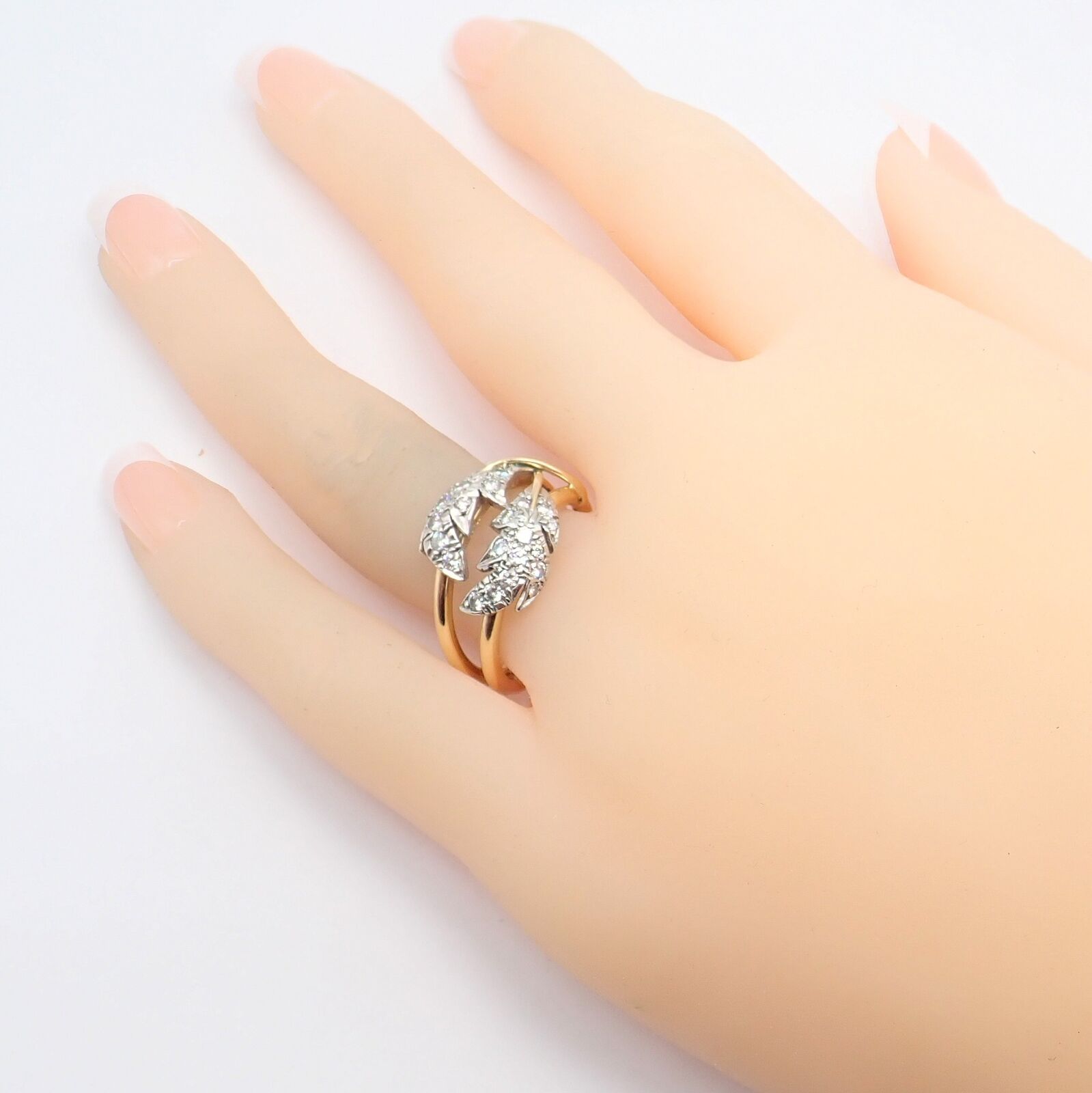 Authentic Tiffany & Co. Schlumberger Diamond Ring in 18K Yellow Gold & Platinum - Elegant Two Leaf Design for Weddings, Anniversaries & Special Occasions