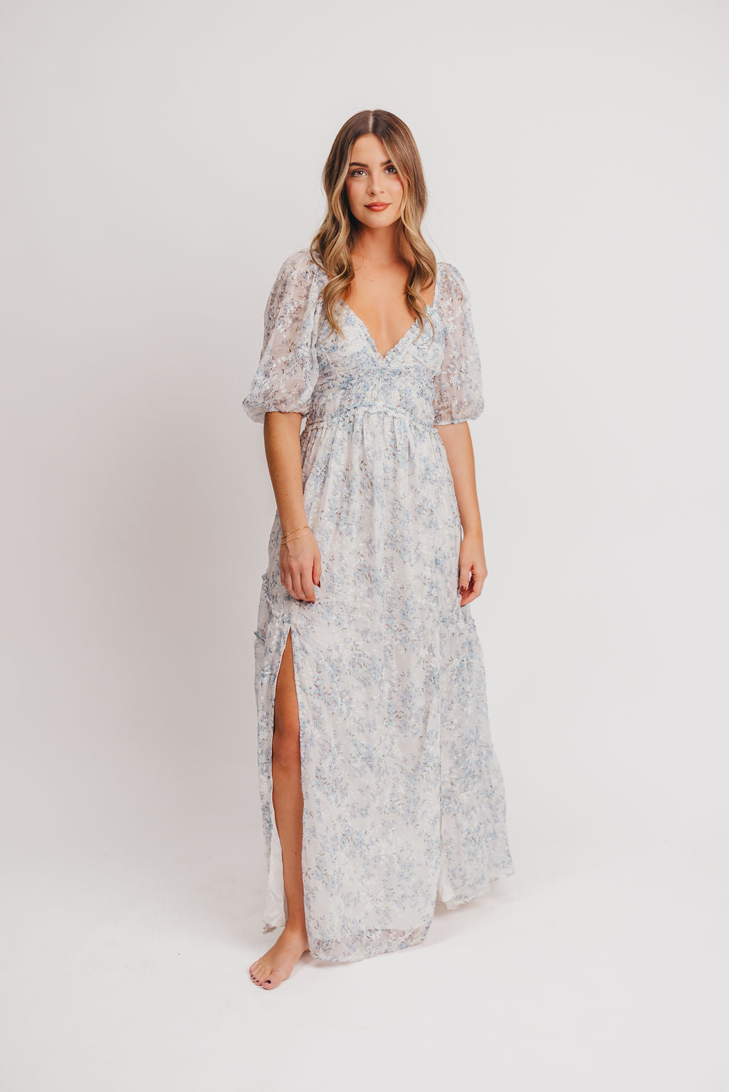 Blue and White Floral Daphne High Slit Eyelet Detail Maxi Dress - Plus Size & Inclusive Sizing - Perfect for Summer Weddings, Beach Vacations & Boho Fashion