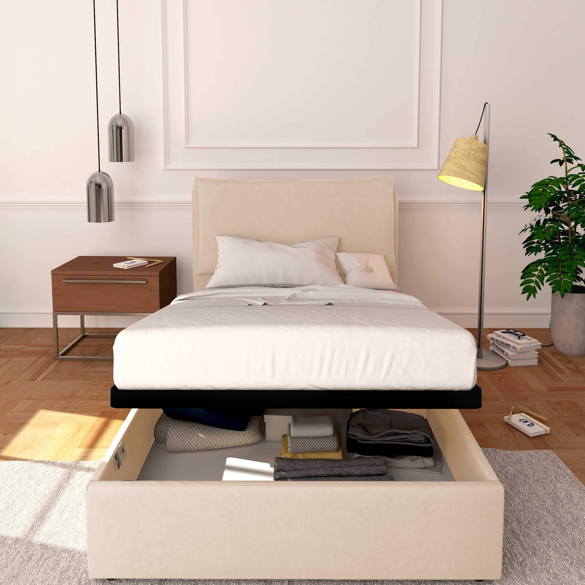 Baldiflex Queen and Twin Size Storage Bed, Licia Model, Faux Leather Upholstery, Slatted Base, Fits 120 x 200 cm Mattress, Elegantly Padded Headboard, White - Perfect for Modern Bedrooms, Guest Rooms & Small Spaces