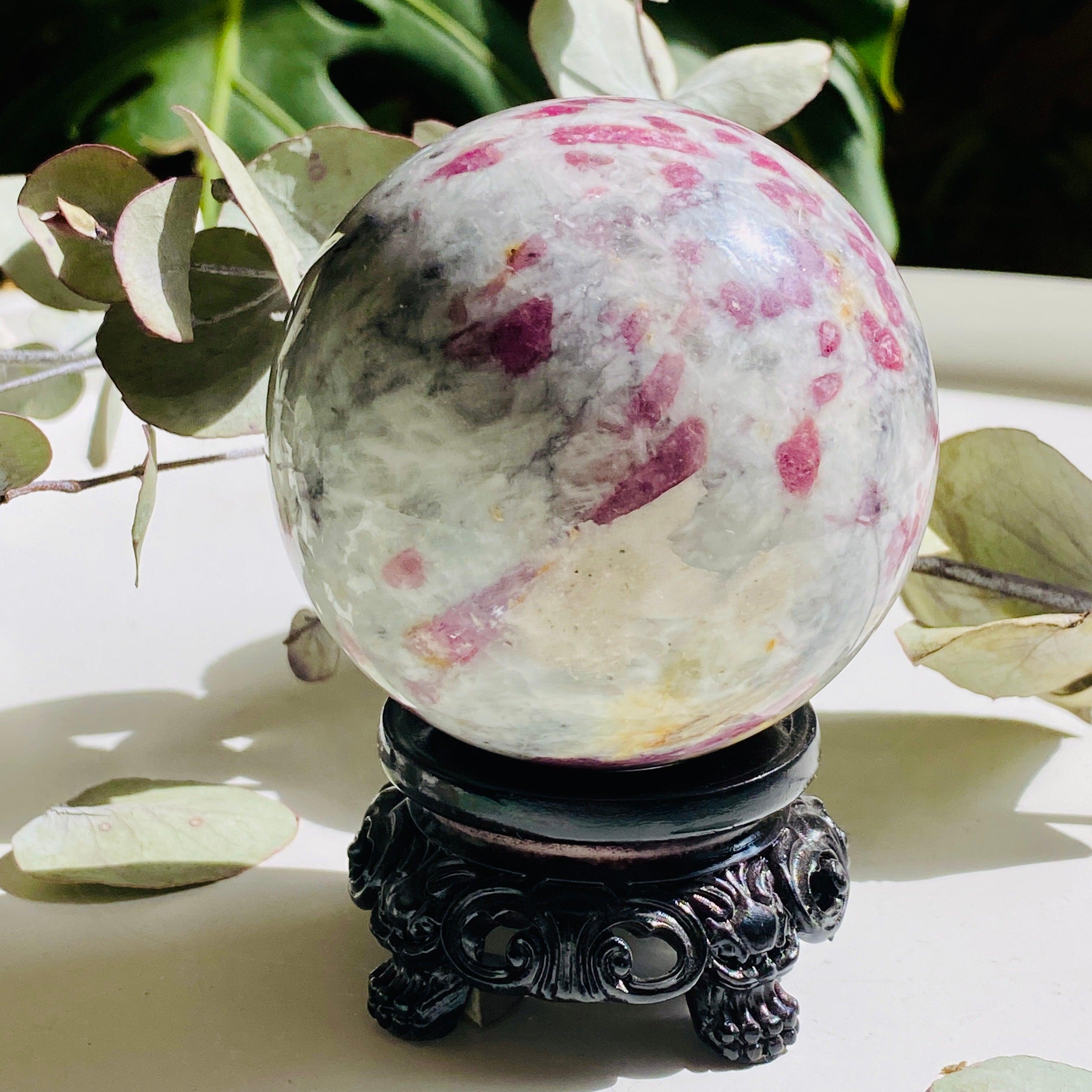 Natural Pink Tourmaline in Quartz Sphere - Healing Crystal for Meditation, Reiki & Home Decor (PTQS-01) | Spiritual Gift, Energy Stone & Feng Shui Decor