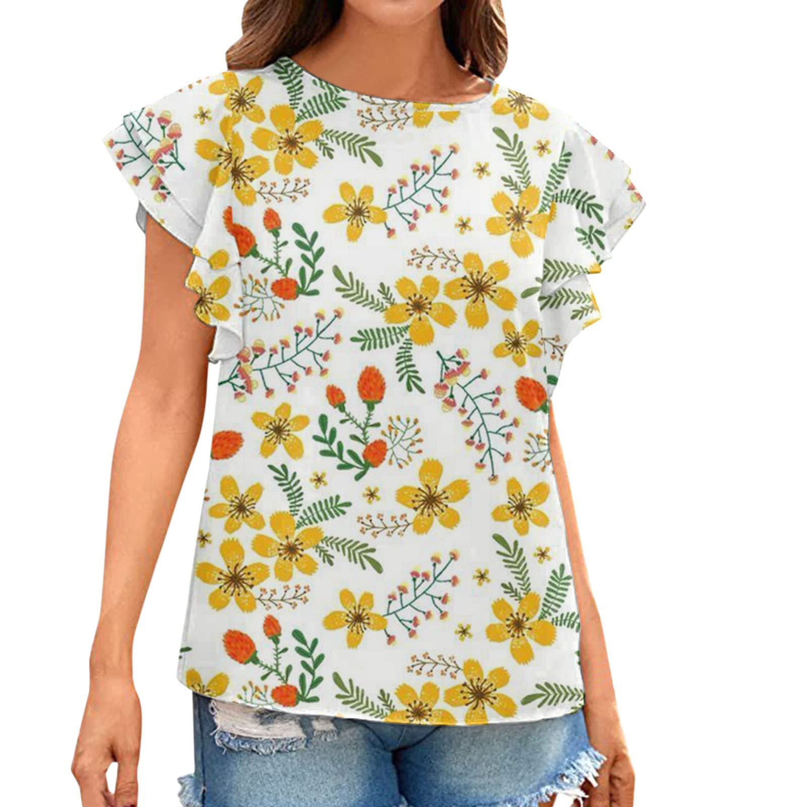 Women's Cute Summer Ruffle Short Sleeve Tunic Top - Floral Print Round Neck Casual Blouse for Beach, Vacation & Everyday Wear
