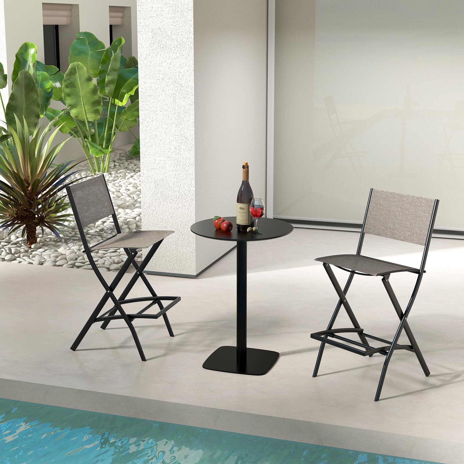 Giantex Set of 4 Folding Outdoor Bar Stools - Counter Height Patio Chairs with Footrest & Back Support, All-Weather Resistant Metal Frame for Porch, Deck, Lawn, Garden - Light Brown | Perfect for Backyard BBQs, Poolside Lounging & Outdoor Entertaining