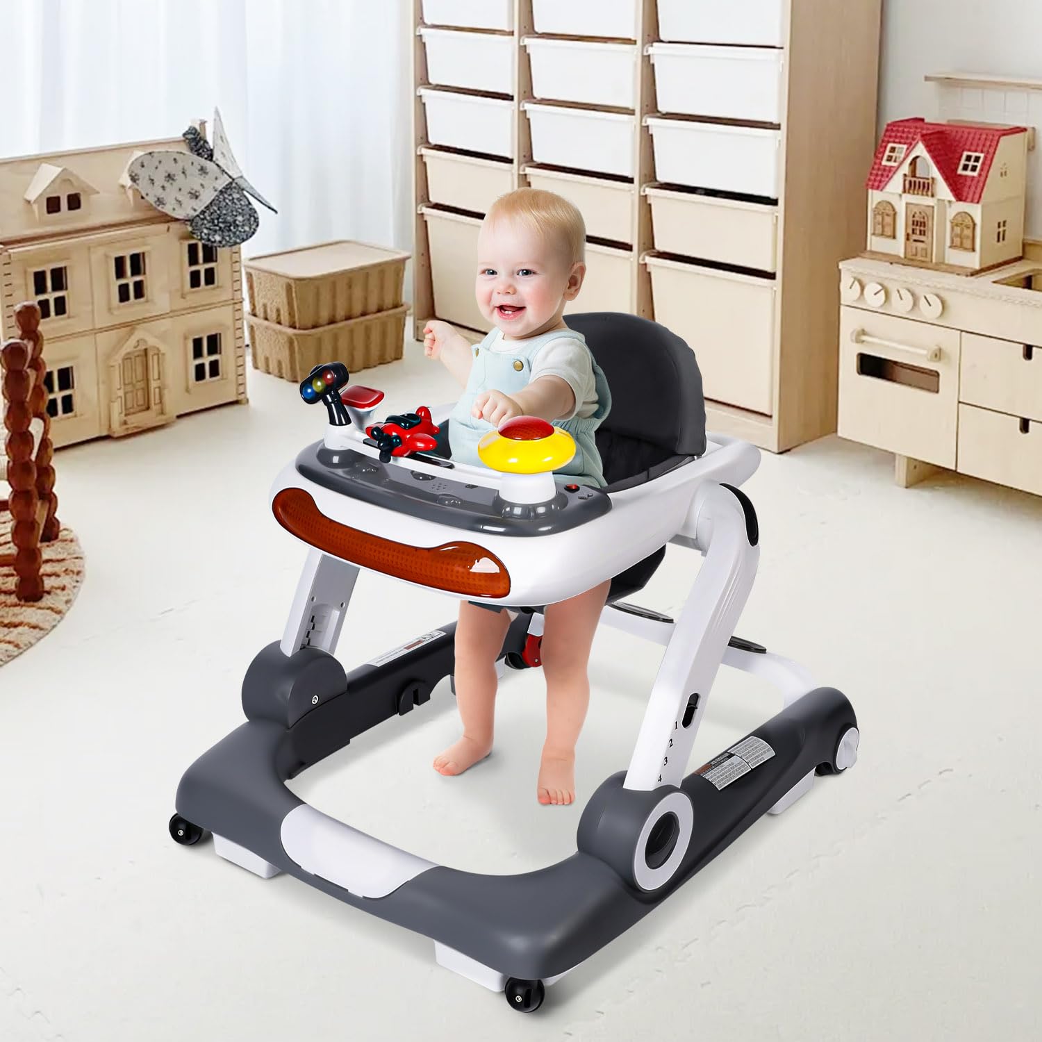 **Kinder King 5-in-1 Baby Walker with Music & Lights - Adjustable Height & Seat, Learning & Walk-Behind Activity Walker for Toddlers - Safety Bumper & Anti-Rollover Design (Grey) - Perfect for Playtime & Early Learning Development**