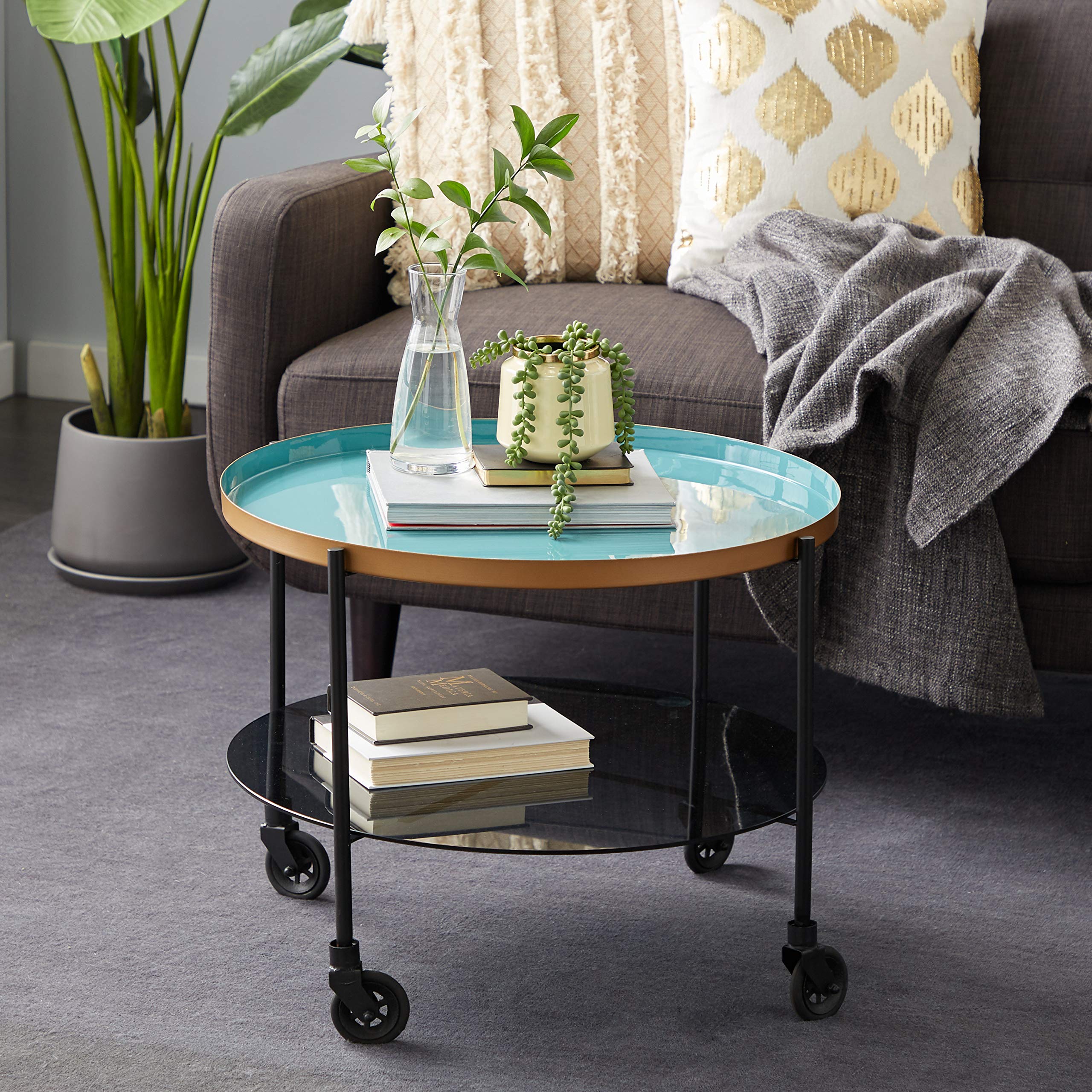 Deco 79 Modern Round Black Metal Coffee Table with Teal Enamel Tray Top & Tinted Glass Shelf - 26