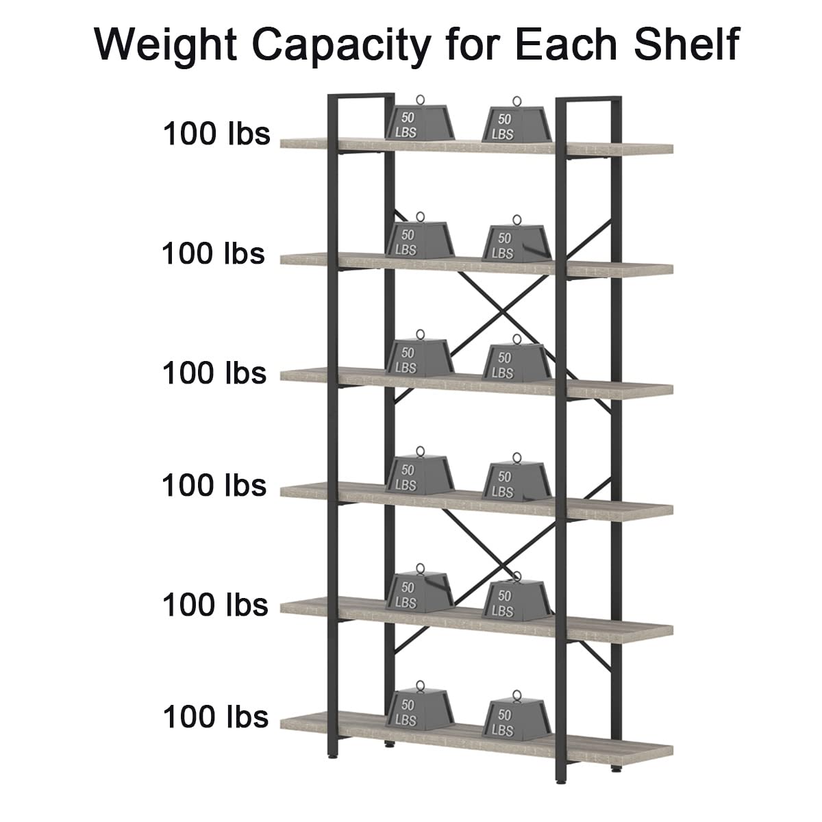 HSH 6-Tier Tall Bookshelf - Industrial Wood & Metal Bookcase with Open Shelves for Storage | Vertical Display Shelf for Bedroom, Living Room & Office | Light Grey Oak Finish | Perfect for Organizing Books, Decor & Essentials