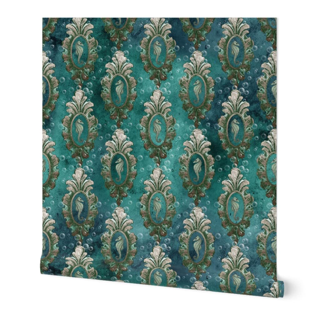 Removable Wallpaper Swatch - Seahorse Blue Teal Bubbles Tropical Ocean Design | Self-Adhesive Peel & Stick Wallpaper for Nursery, Bathroom, Bedroom Decor | Spoonflower Custom Wallpaper