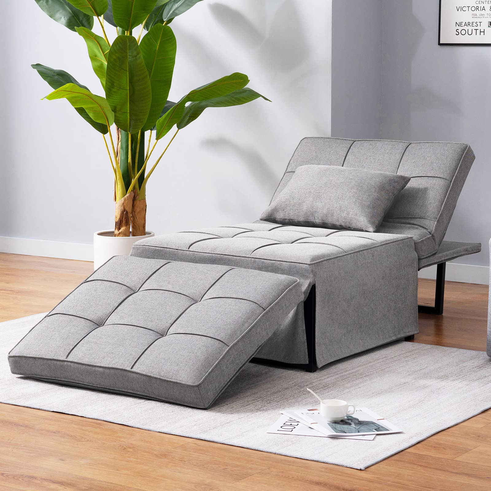 Mjkone 4-in-1 Multi-Functional Folding Ottoman Sofa Bed - Convertible Futon with Adjustable Backrest - Modern Linen Fabric for Small Spaces, Living Room, Apartment, Loft & Office (Light Gray) - Perfect for Guest Sleeping, Lounging & Space-Saving Solutions