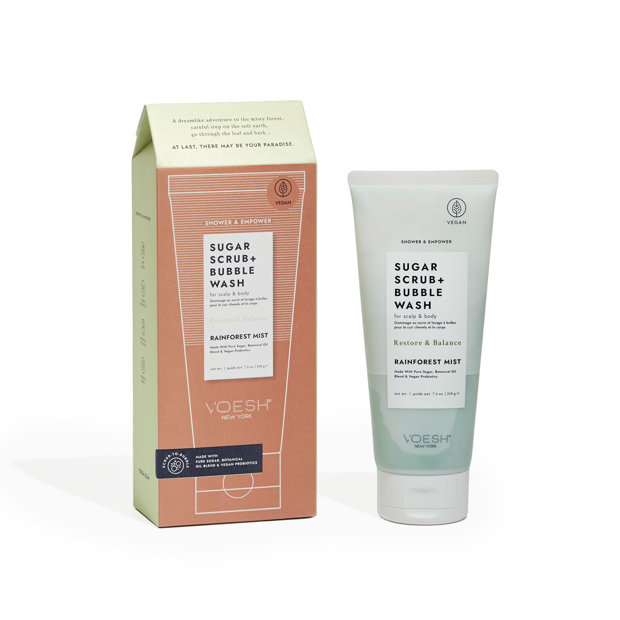 VOESH Vegan Sugar Scrub & Bubble Wash Set - Exfoliating Body Scrub & Moisturizing Shower Gel with Rainforest Mist Scent for Smooth Skin & Scalp Care - Perfect for Spa Day, Self-Care Routine & Gift Giving