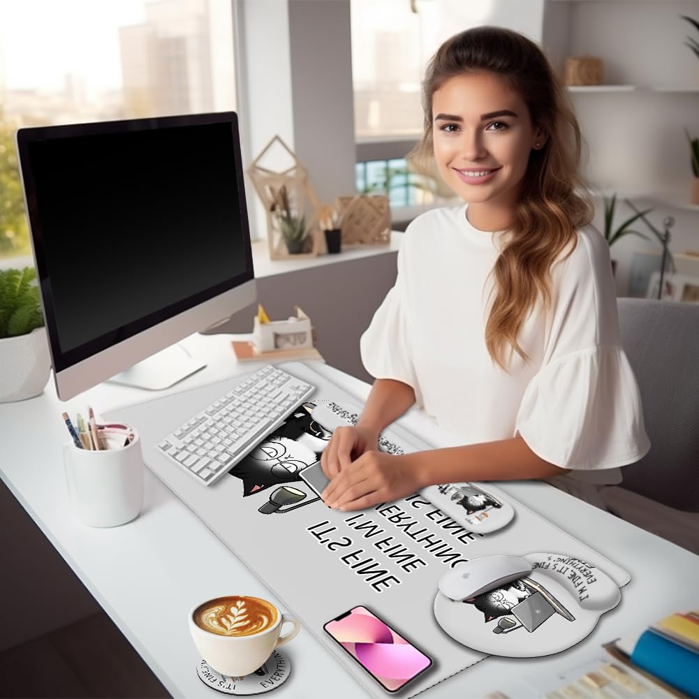 Ergonomic Cat Mouse Pad with Wrist Rest - Cute Gaming & Office Desk Mat Set for Comfortable Wrist Support - Includes Keyboard Mat and Cup Coaster - Perfect for Work, Gaming, and Home Office Use