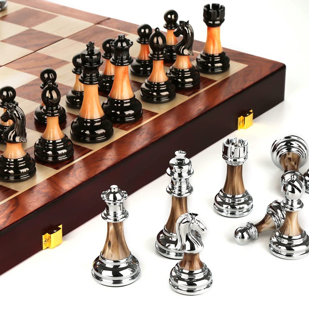 Premium Wooden Folding Chess Set with Retro Metal Alloy Pieces - Portable Travel Board Game for Adults & Kids | Perfect Gift for Chess Lovers, Family Game Nights & Office Decor