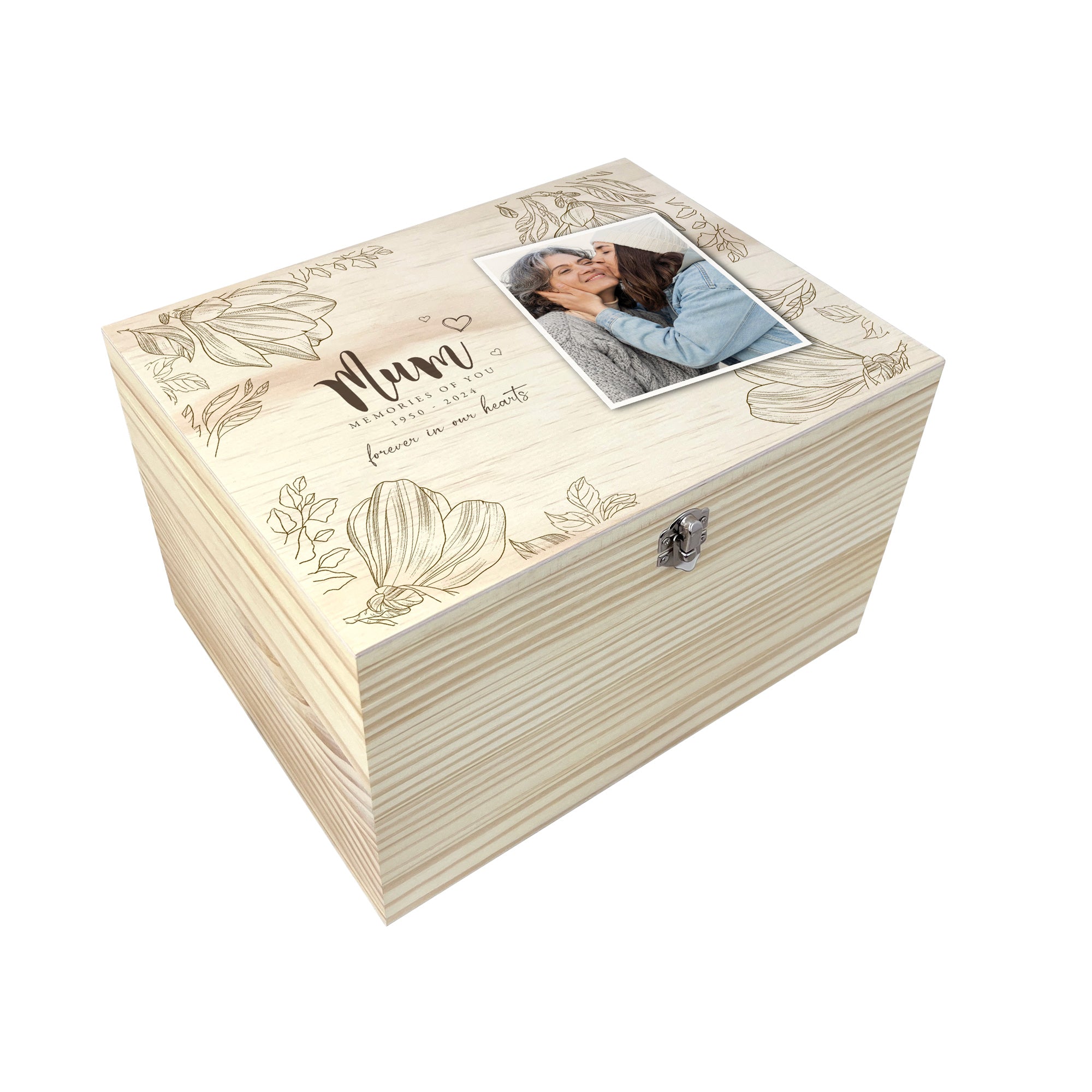Personalized Floral Pine Wood Memorial Photo Keepsake Box - Handcrafted Wooden Memory Chest for Ashes, Photos & Mementos (5 Sizes: 16cm, 20cm, 26cm, 30cm, 36cm) - Perfect for Funeral, Anniversary, Wedding & Family Heirloom Preservation