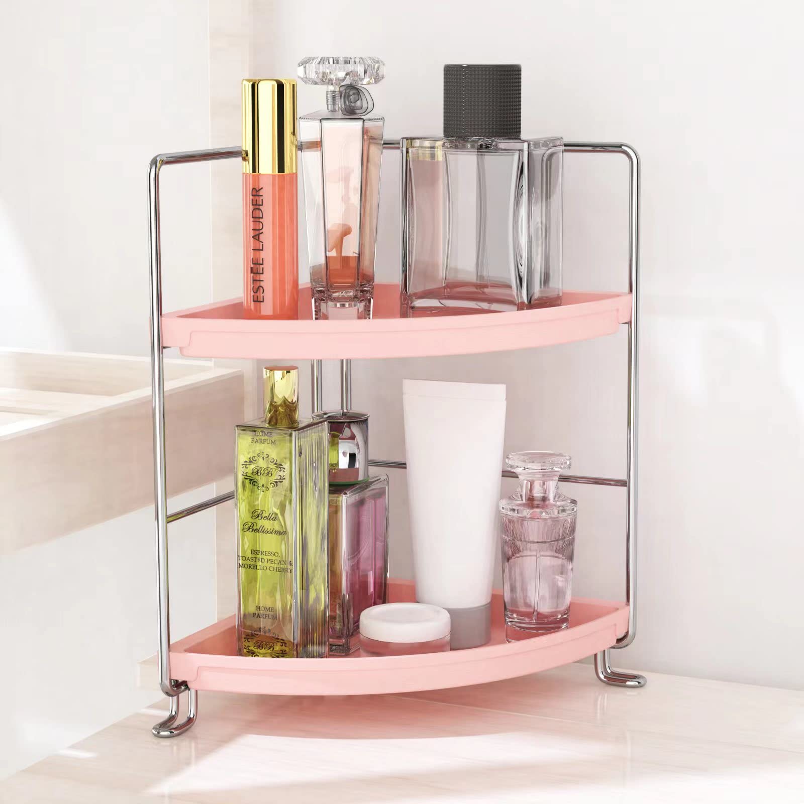 2-Tier Bathroom Countertop Organizer - Stackable Cosmetic Storage Shelf for Perfume & Makeup | Space-Saving Corner Vanity Tray (Pink & Silver) | Perfect for Small Bathrooms & Bedroom Vanities