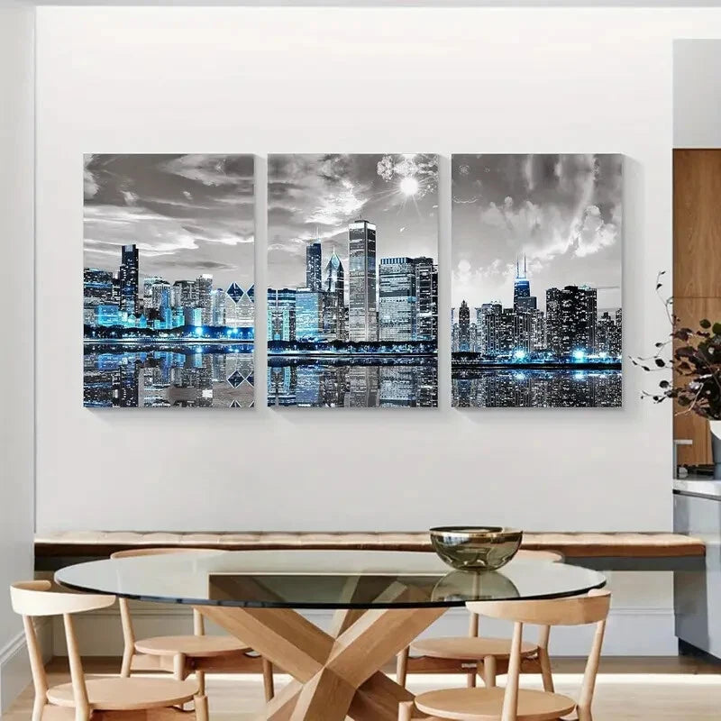 3-Piece Modern City Night Skyline Metal Wall Art Prints - Ready to Hang Home Decor for Living Room, Bedroom & Office