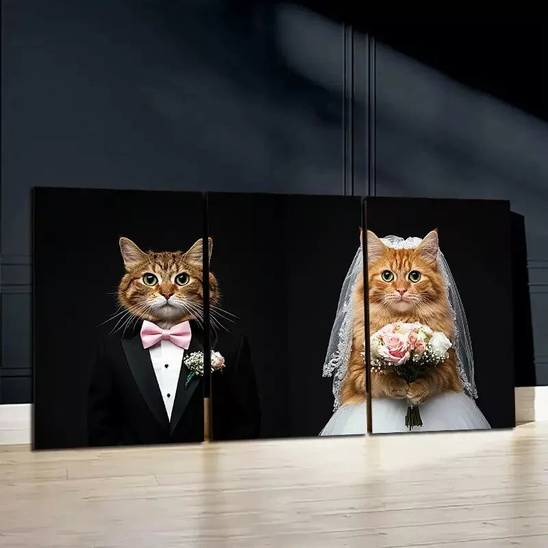 3-Piece Two Cats Wearing Wedding Dresses Wall Art Set - 50x70cm Framed Canvas Prints | High Quality Australian Made Home Decor | Perfect for Living Room, Bedroom & Wedding Gift