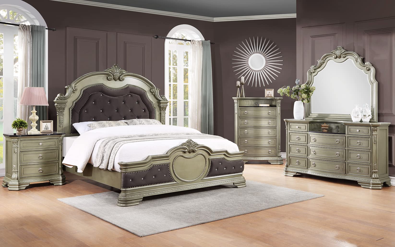 GTU Furniture 5-Piece Upholstered Solid Wood Queen Bedroom Set - Queen Bed, Dresser, Mirror, Chest & Nightstand in Jungle Green/Silver - Perfect for Modern Bedroom Decor & Guest Room Setup